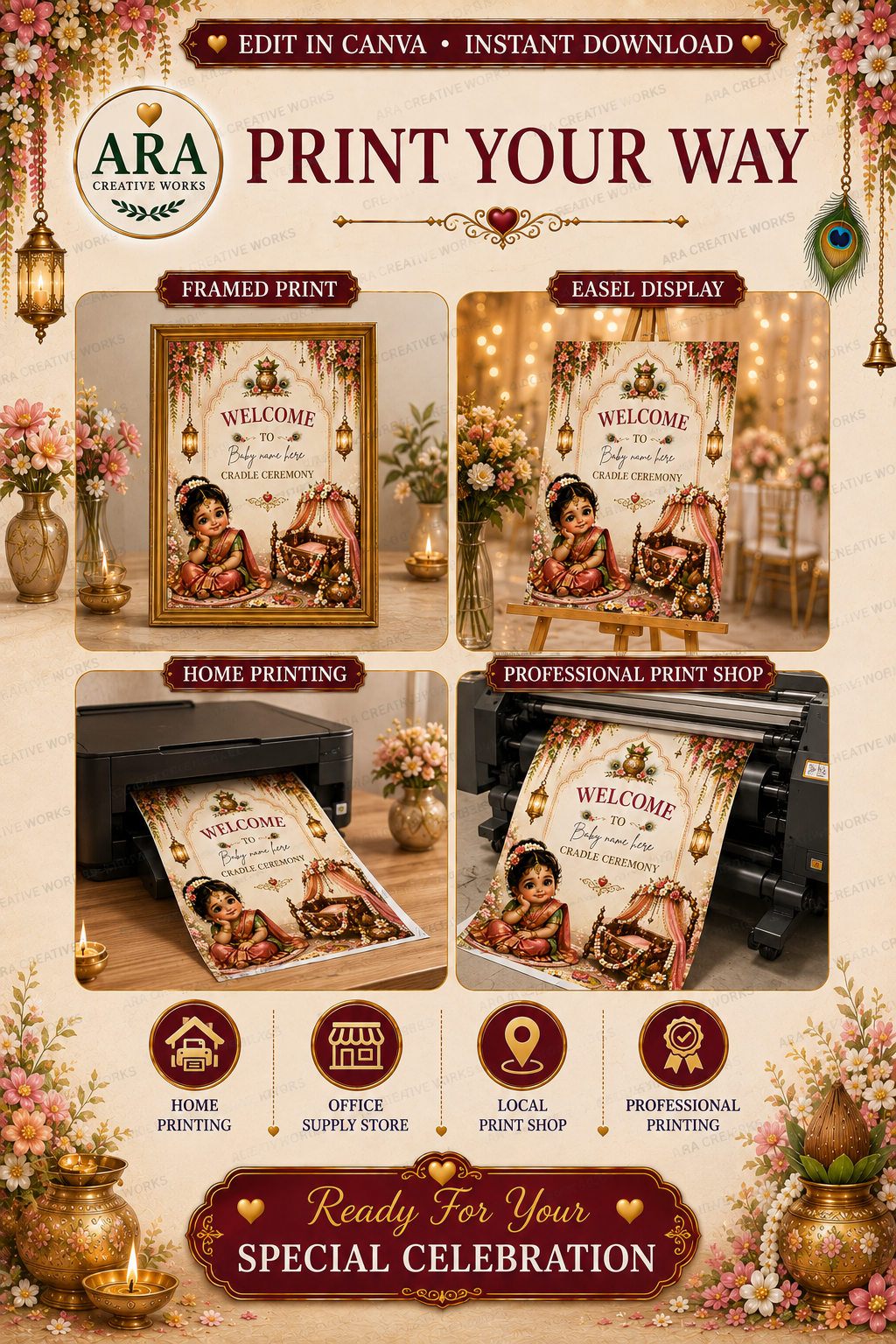 Royal Little Princess Cradle Ceremony Welcome Sign, Baby Girl Naming Ceremony Welcome Board, Indian Canva Template, Digital Download