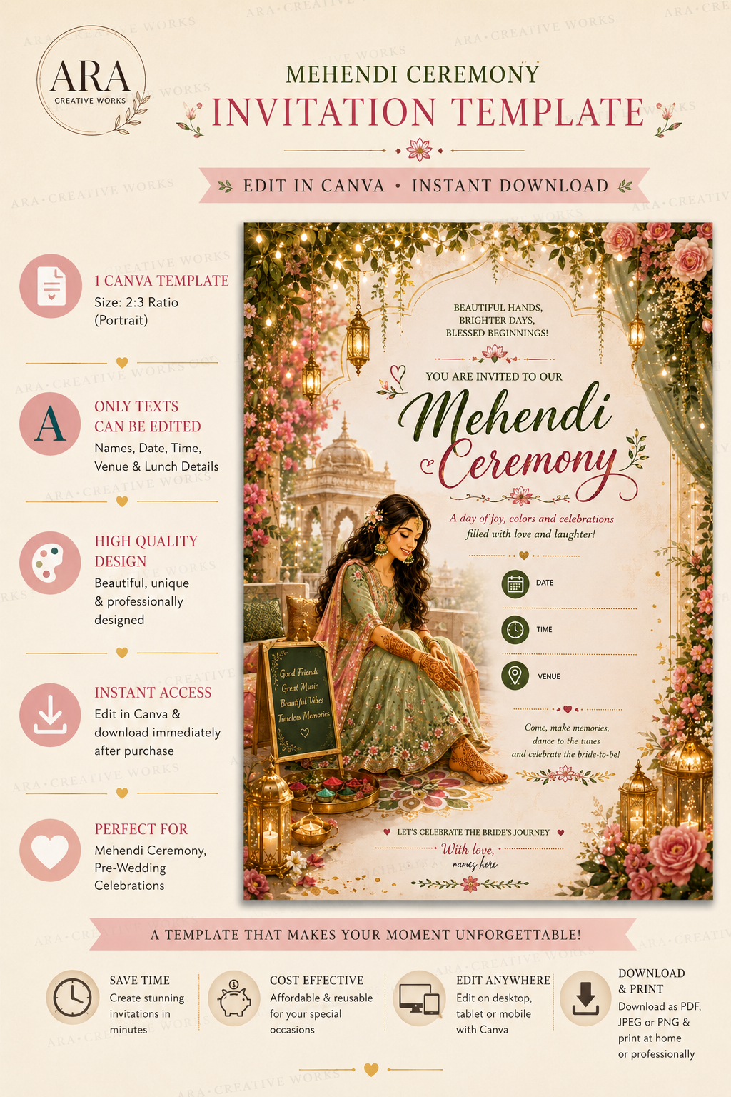 Royal Palace Bridal Mehendi Ceremony Invitation | Canva Editable Template | Instant Download
