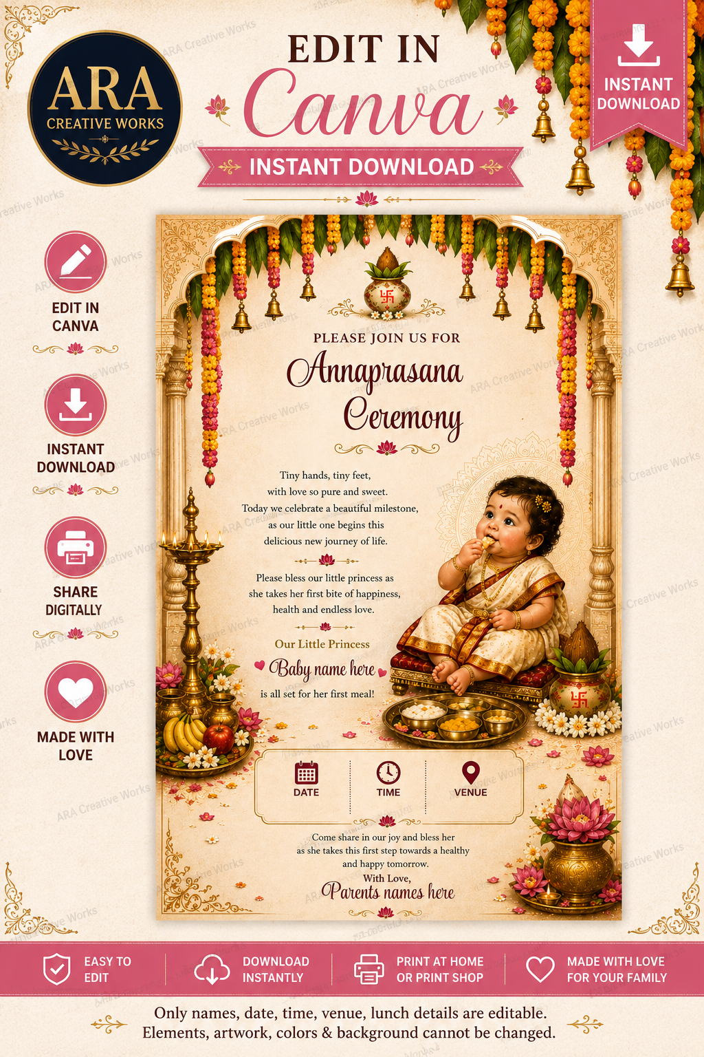 Royal Temple Annaprasana Ceremony Invitation | Editable Canva Template | Instant Download