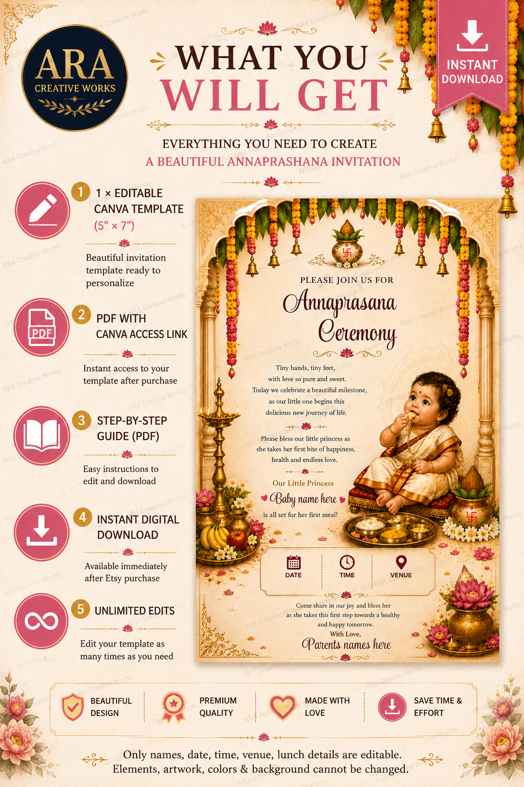 Royal Temple Annaprasana Ceremony Invitation | Editable Canva Template | Instant Download