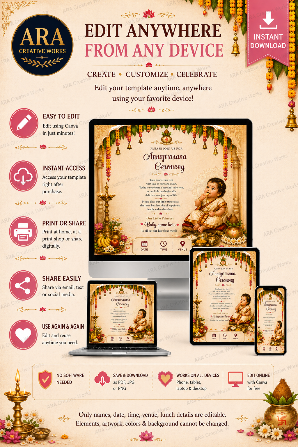 Royal Temple Annaprasana Ceremony Invitation | Editable Canva Template | Instant Download