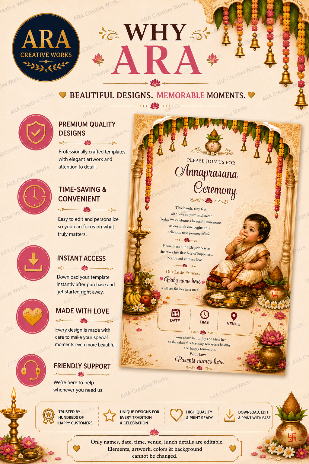 Royal Temple Annaprasana Ceremony Invitation | Editable Canva Template | Instant Download