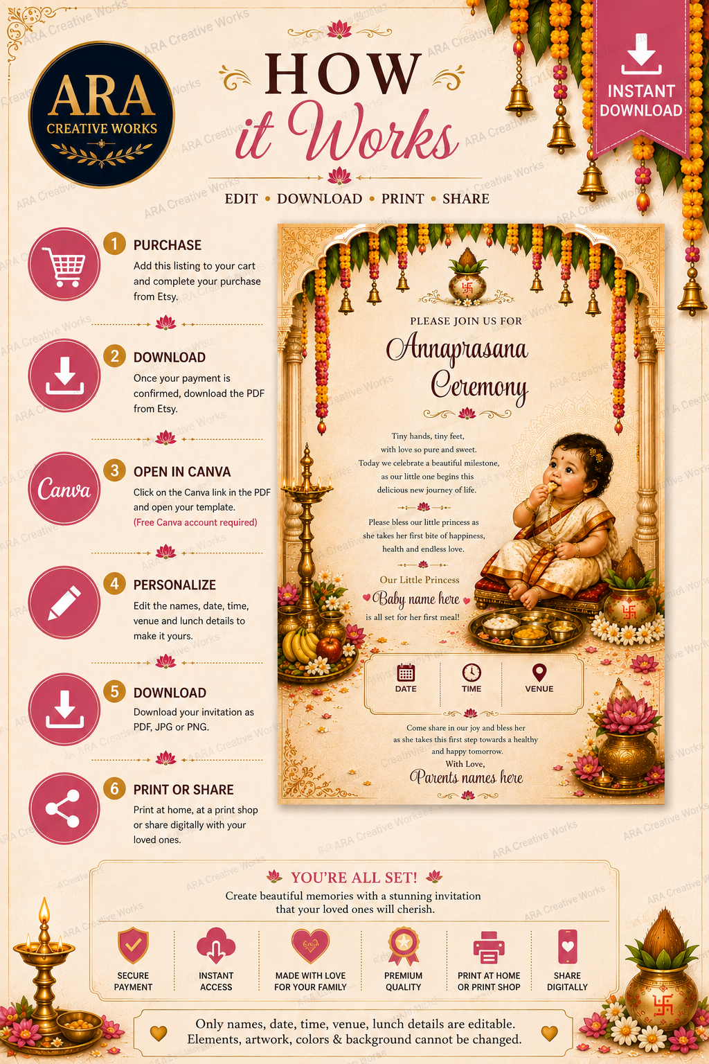 Royal Temple Annaprasana Ceremony Invitation | Editable Canva Template | Instant Download
