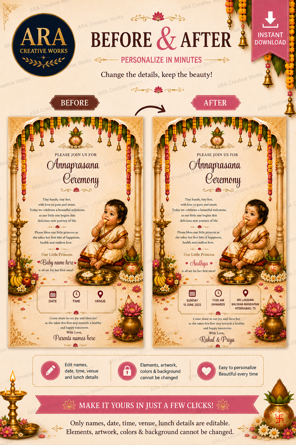 Royal Temple Annaprasana Ceremony Invitation | Editable Canva Template | Instant Download