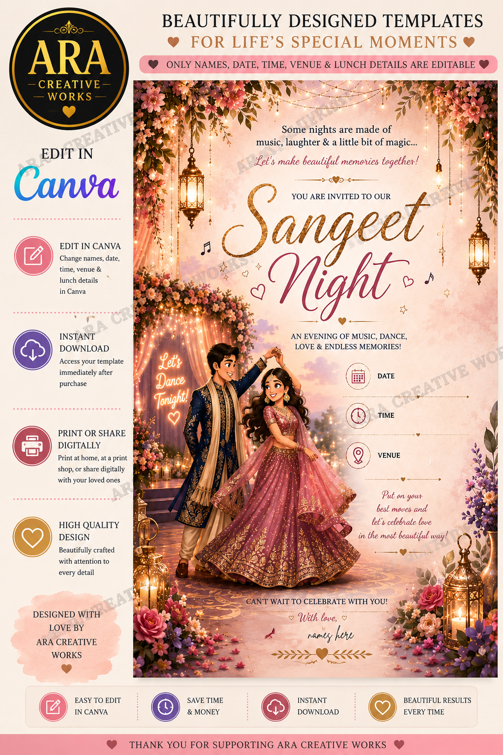 Royal Twilight Sangeet Night Invitation Template | Editable in Canva | Instant Download