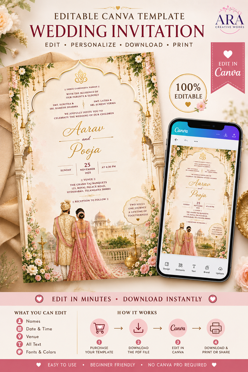 Editable Indian Wedding Invitation Template | Hindu Wedding Canva Invite | Floral Palace Printable Invitation