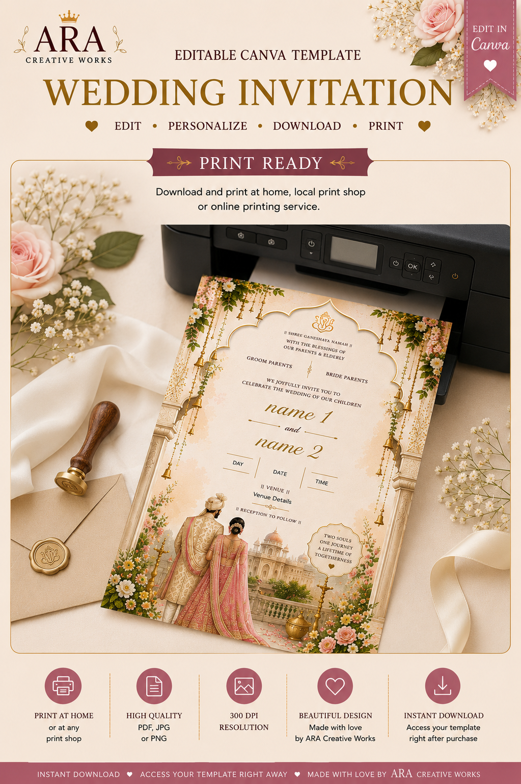 Editable Indian Wedding Invitation Template | Hindu Wedding Canva Invite | Floral Palace Printable Invitation