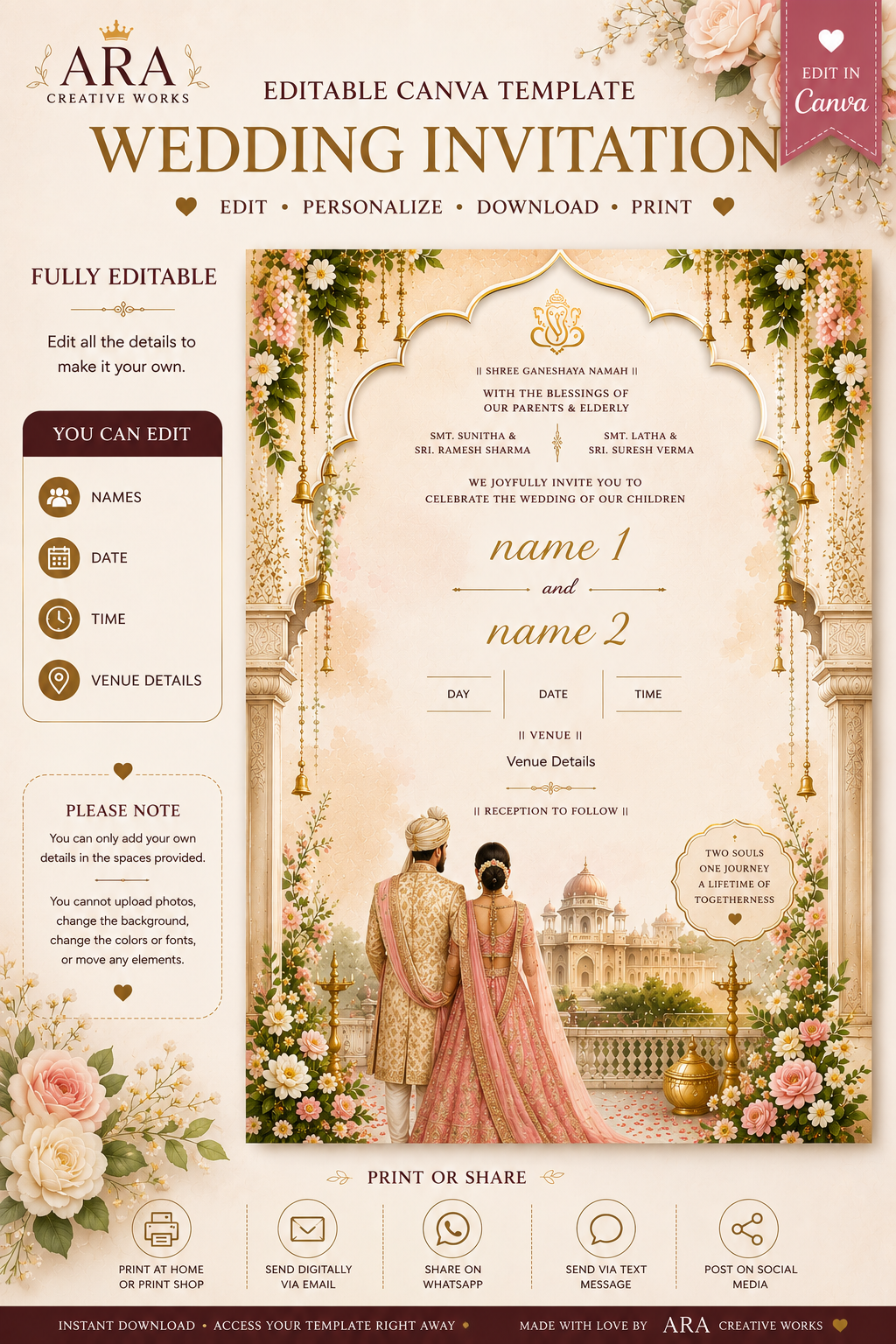 Editable Indian Wedding Invitation Template | Hindu Wedding Canva Invite | Floral Palace Printable Invitation