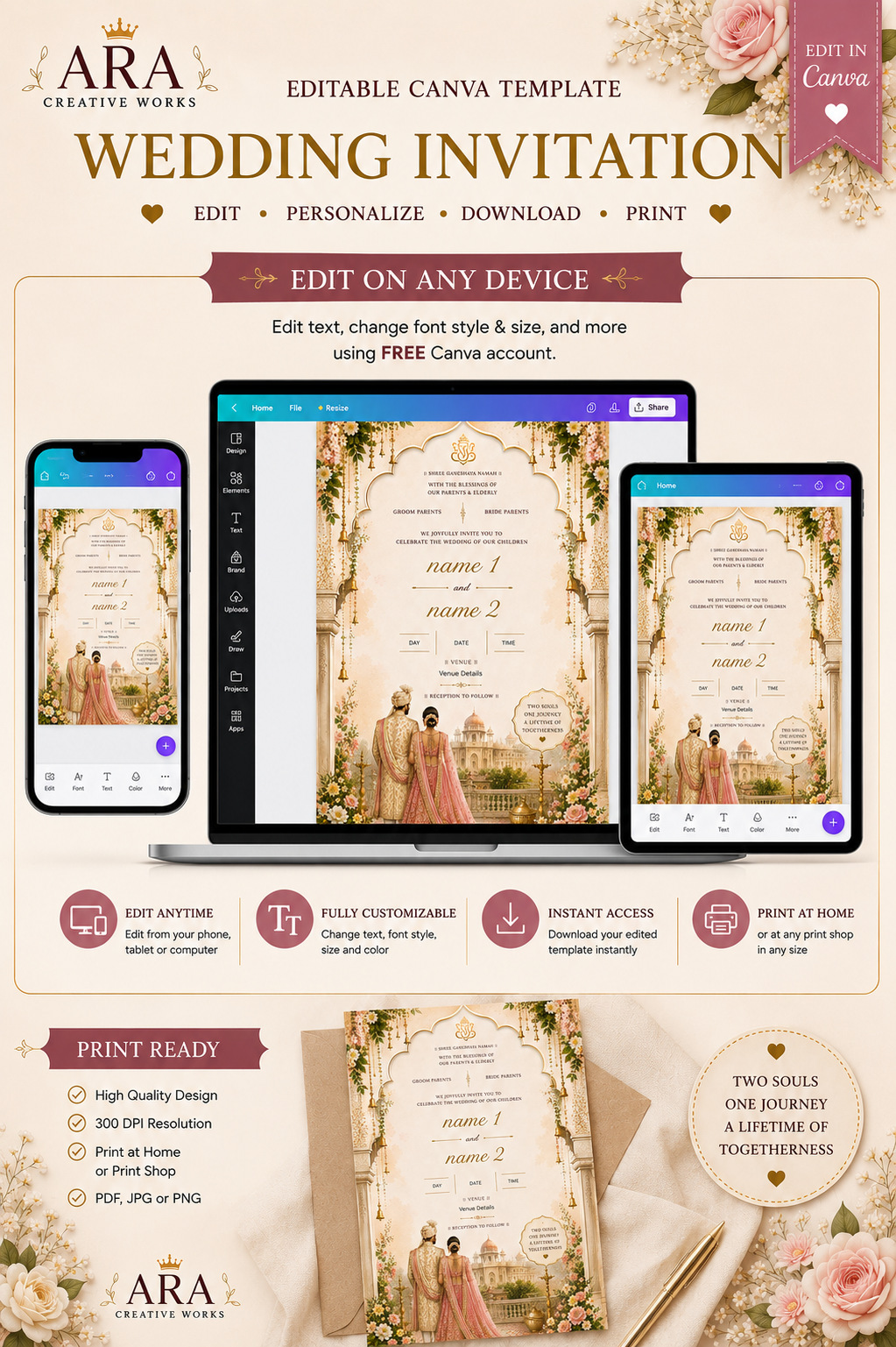 Editable Indian Wedding Invitation Template | Hindu Wedding Canva Invite | Floral Palace Printable Invitation