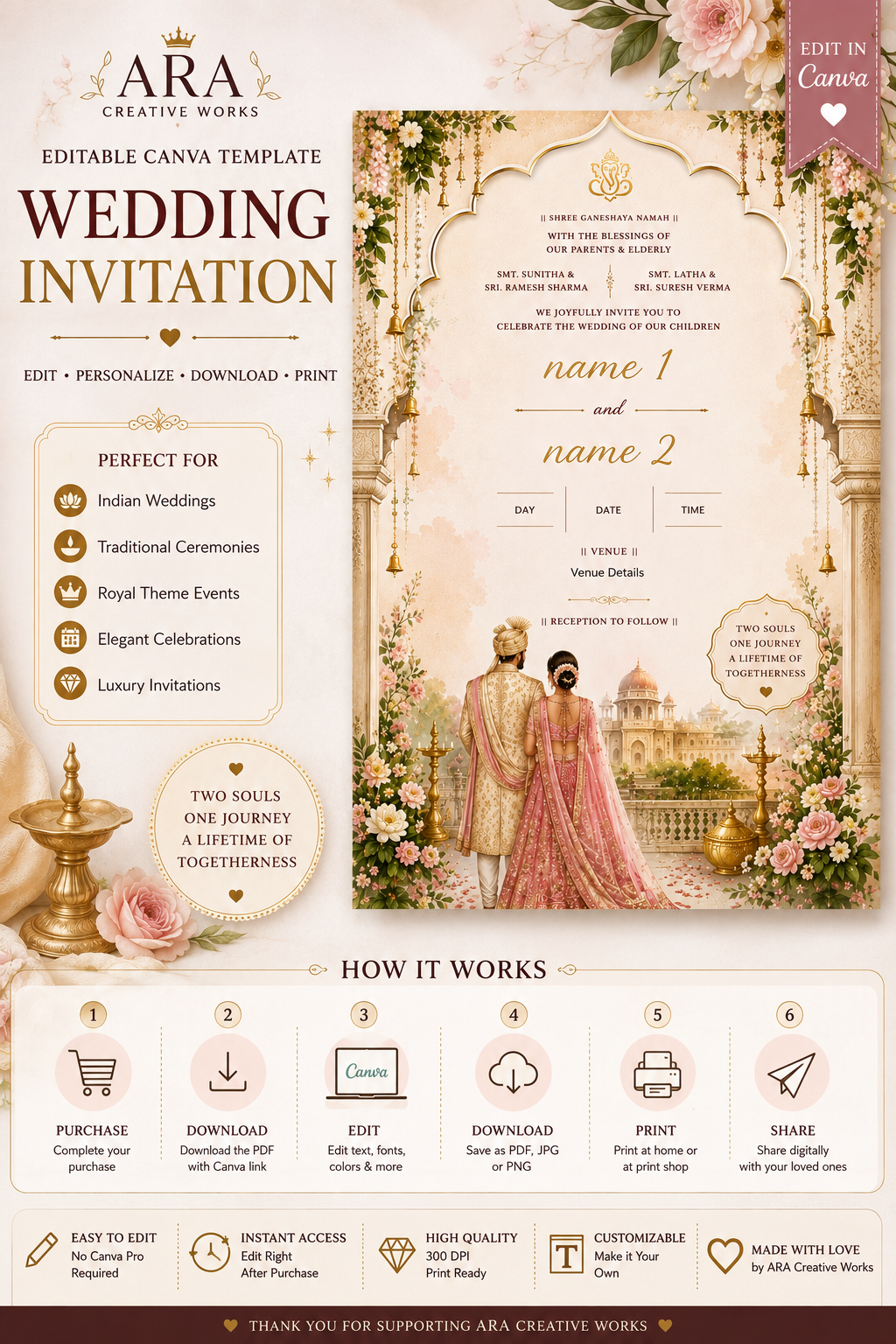 Editable Indian Wedding Invitation Template | Hindu Wedding Canva Invite | Floral Palace Printable Invitation