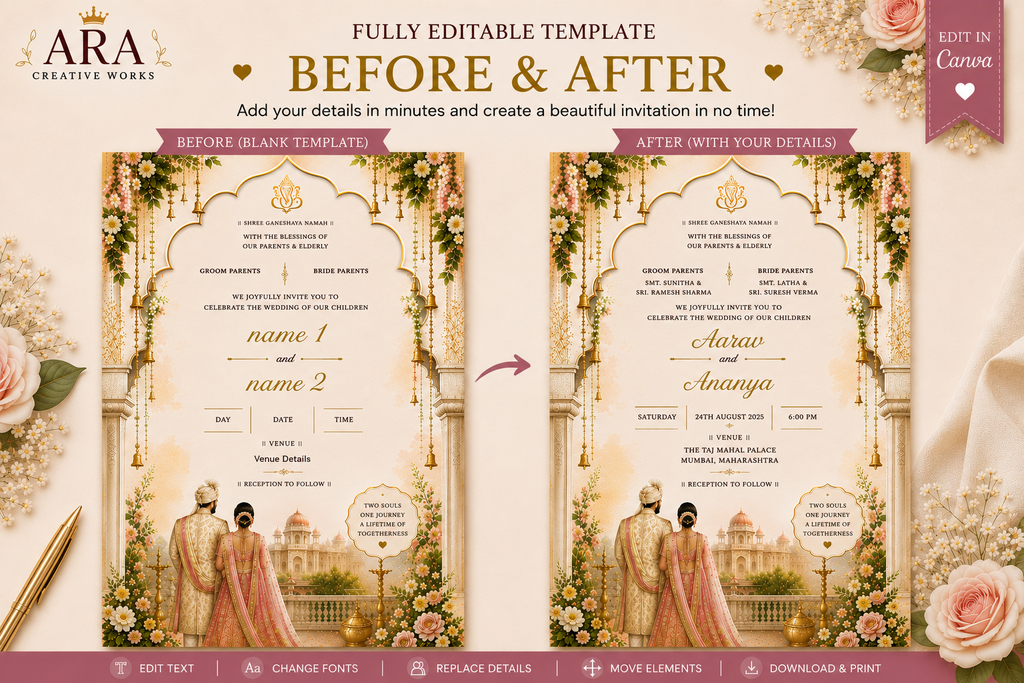 Editable Indian Wedding Invitation Template | Hindu Wedding Canva Invite | Floral Palace Printable Invitation