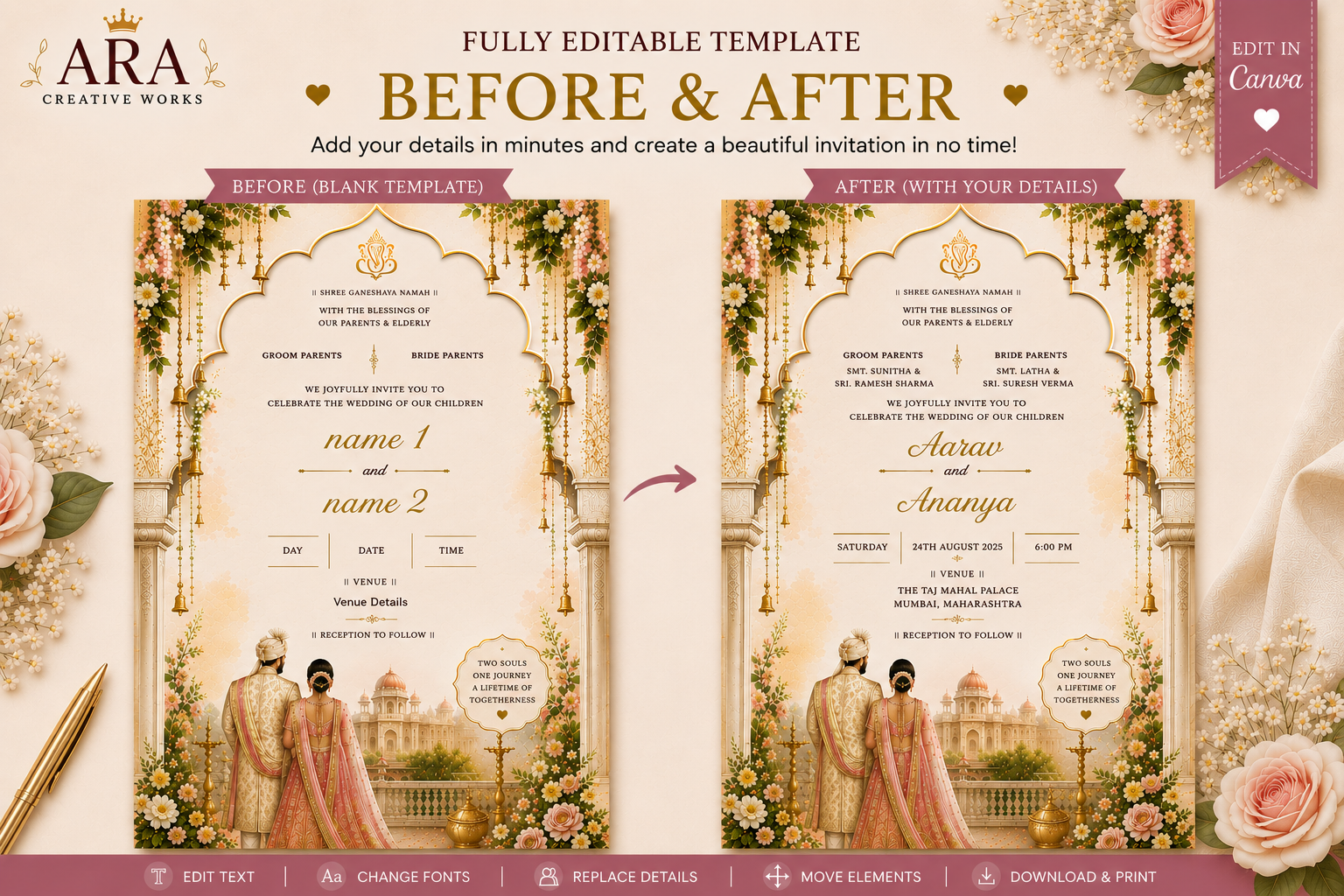 Editable Indian Wedding Invitation Template | Hindu Wedding Canva Invite | Floral Palace Printable Invitation