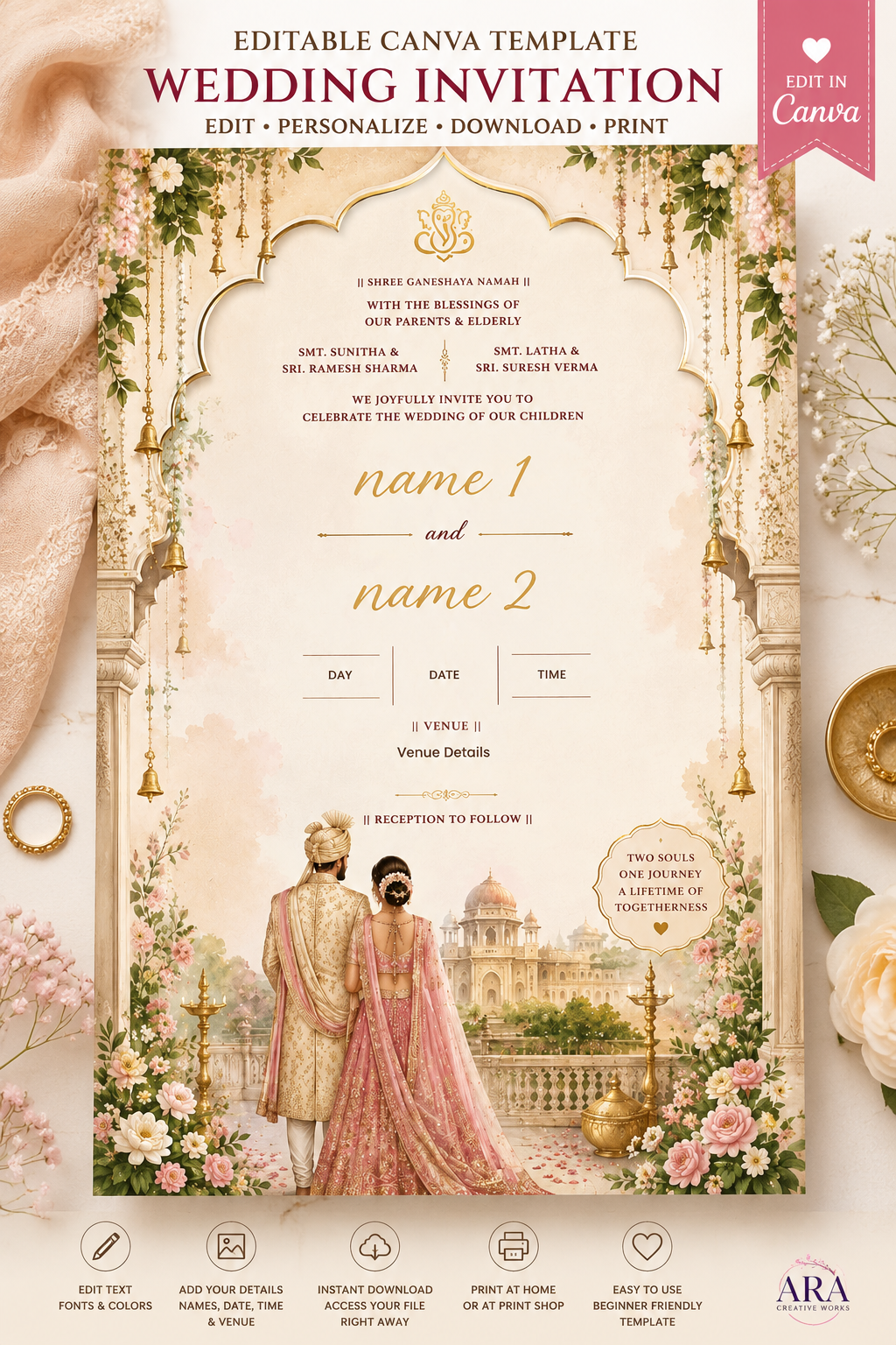 Editable Indian Wedding Invitation Template | Hindu Wedding Canva Invite | Floral Palace Printable Invitation