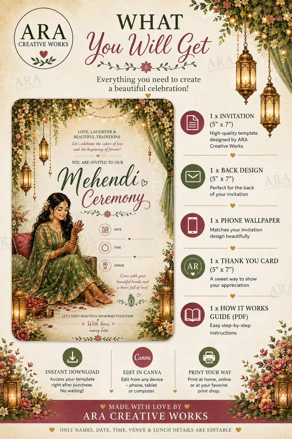 Royal Bridal Mehendi Ceremony Invitation | Canva Editable Template | Instant Download