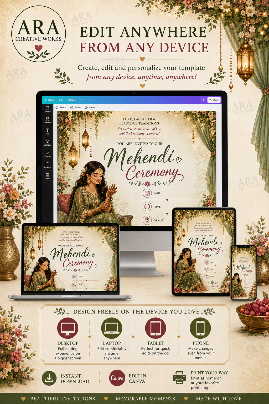 Royal Bridal Mehendi Ceremony Invitation | Canva Editable Template | Instant Download
