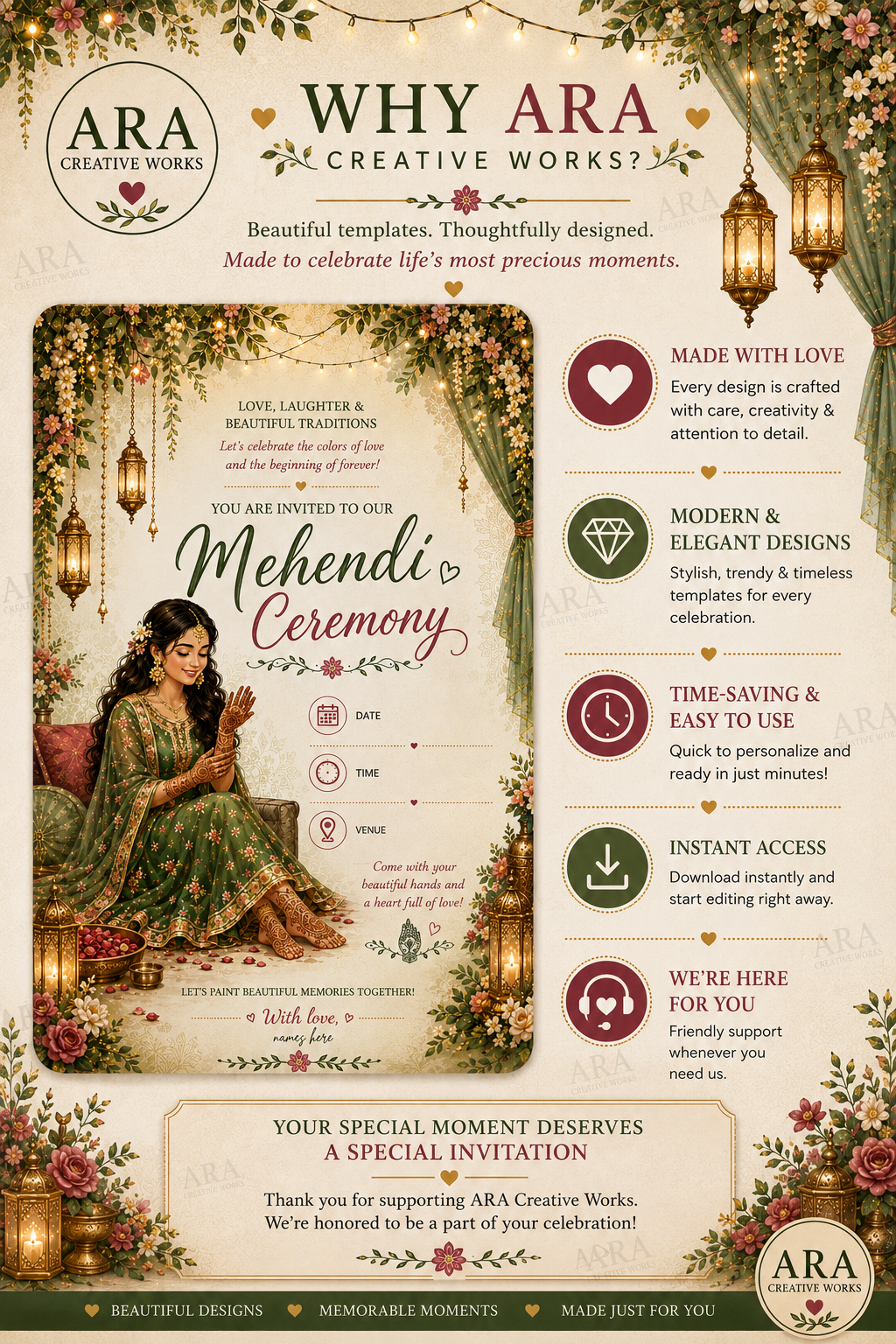 Royal Bridal Mehendi Ceremony Invitation | Canva Editable Template | Instant Download