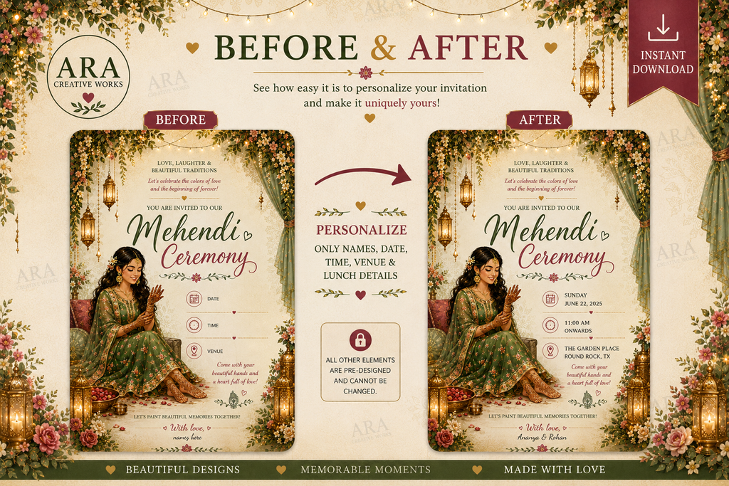Royal Bridal Mehendi Ceremony Invitation | Canva Editable Template | Instant Download