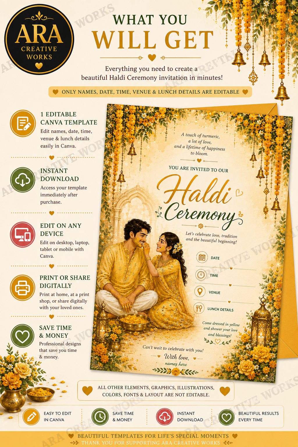 Royal Couple Haldi Ceremony Invitation | Editable Canva Template | Instant Download