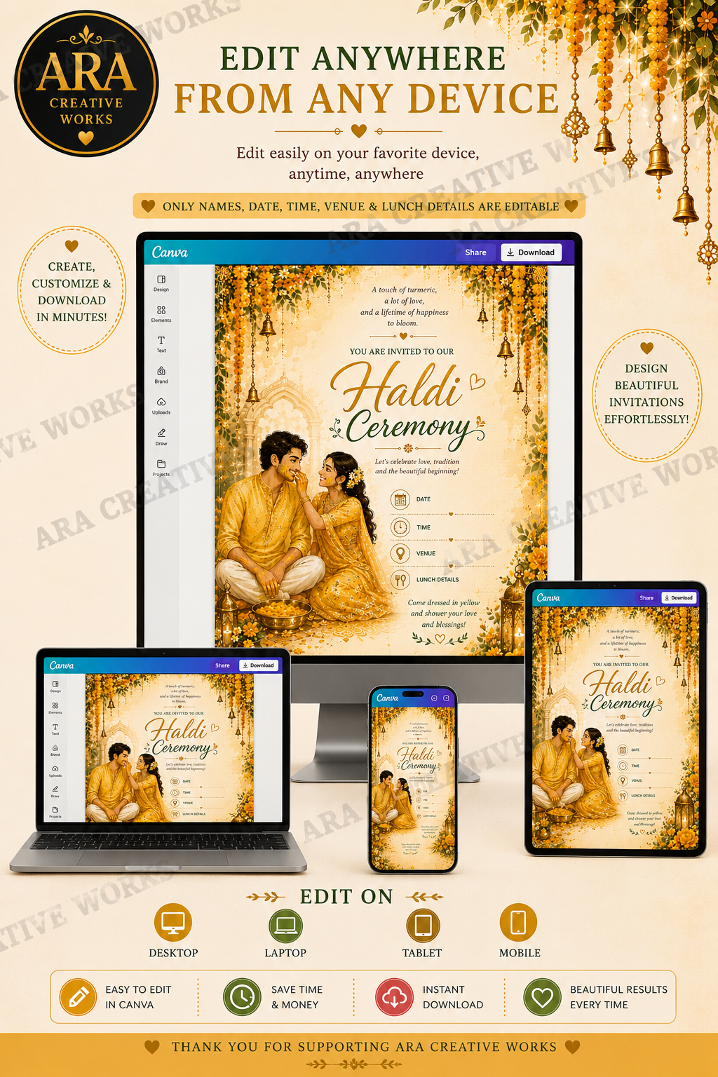 Royal Couple Haldi Ceremony Invitation | Editable Canva Template | Instant Download