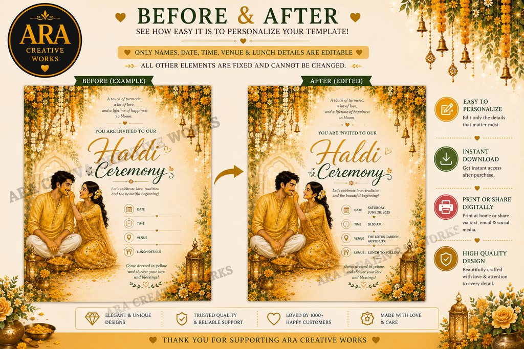 Royal Couple Haldi Ceremony Invitation | Editable Canva Template | Instant Download