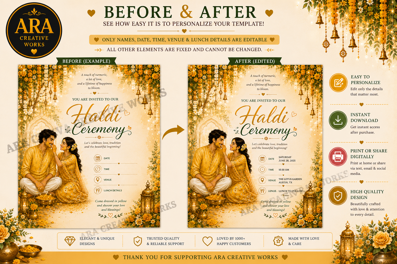 Royal Couple Haldi Ceremony Invitation | Editable Canva Template | Instant Download
