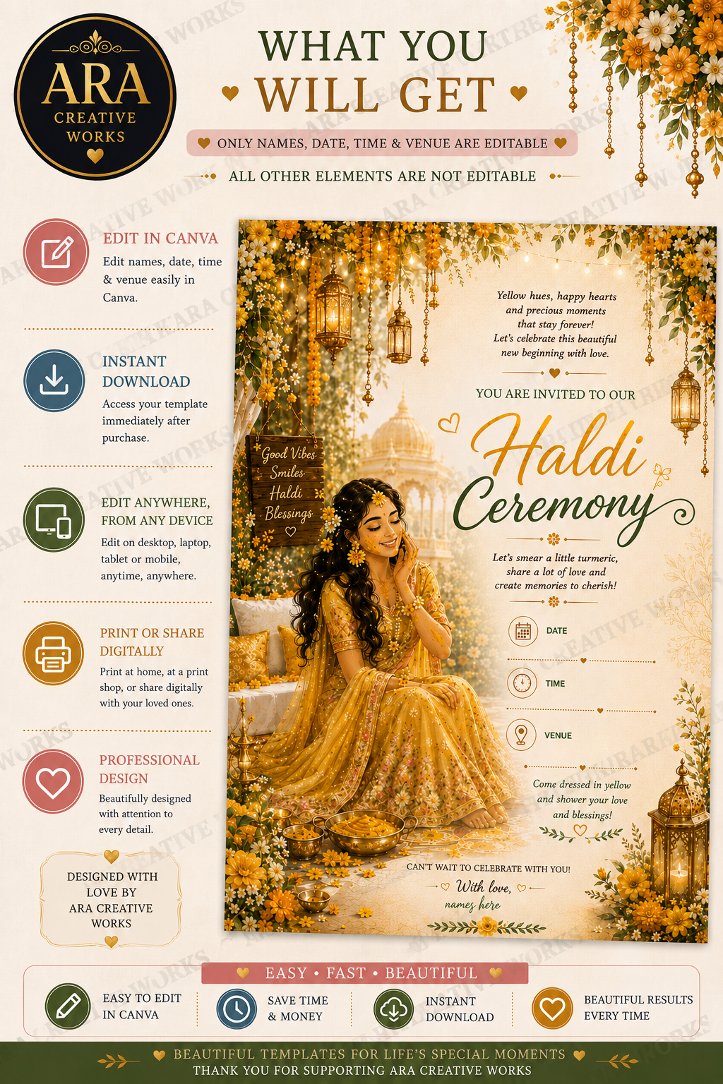 Royal Floral Haldi Ceremony Invitation | Editable Canva Template | Instant Download