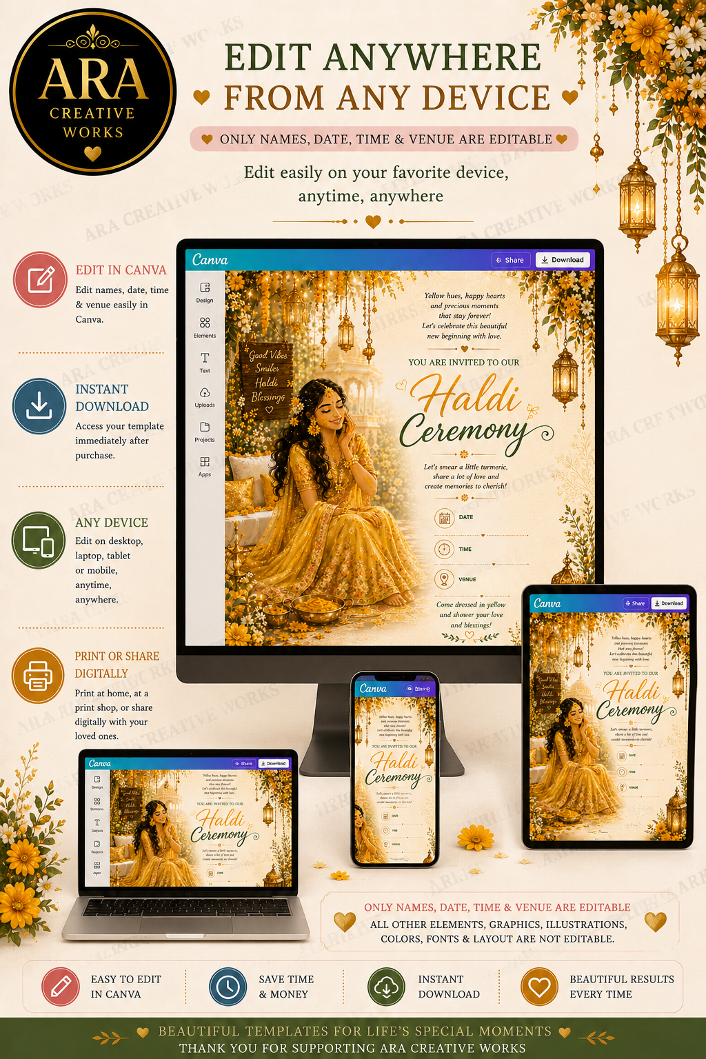 Royal Floral Haldi Ceremony Invitation | Editable Canva Template | Instant Download