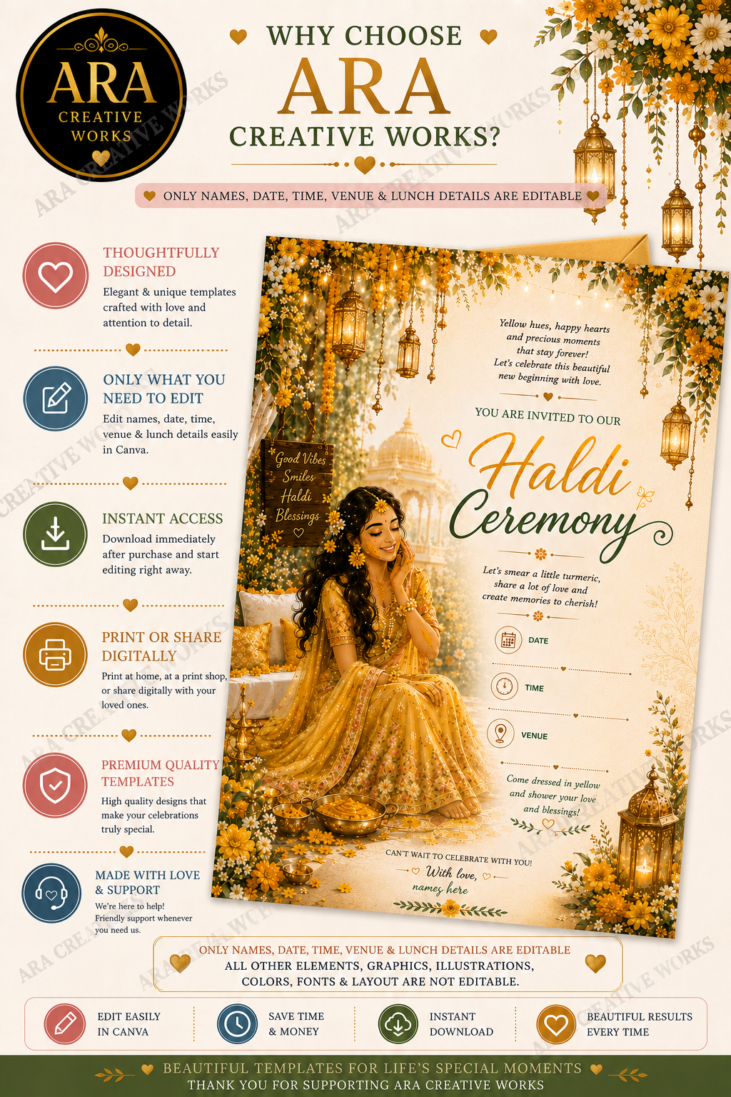 Royal Floral Haldi Ceremony Invitation | Editable Canva Template | Instant Download