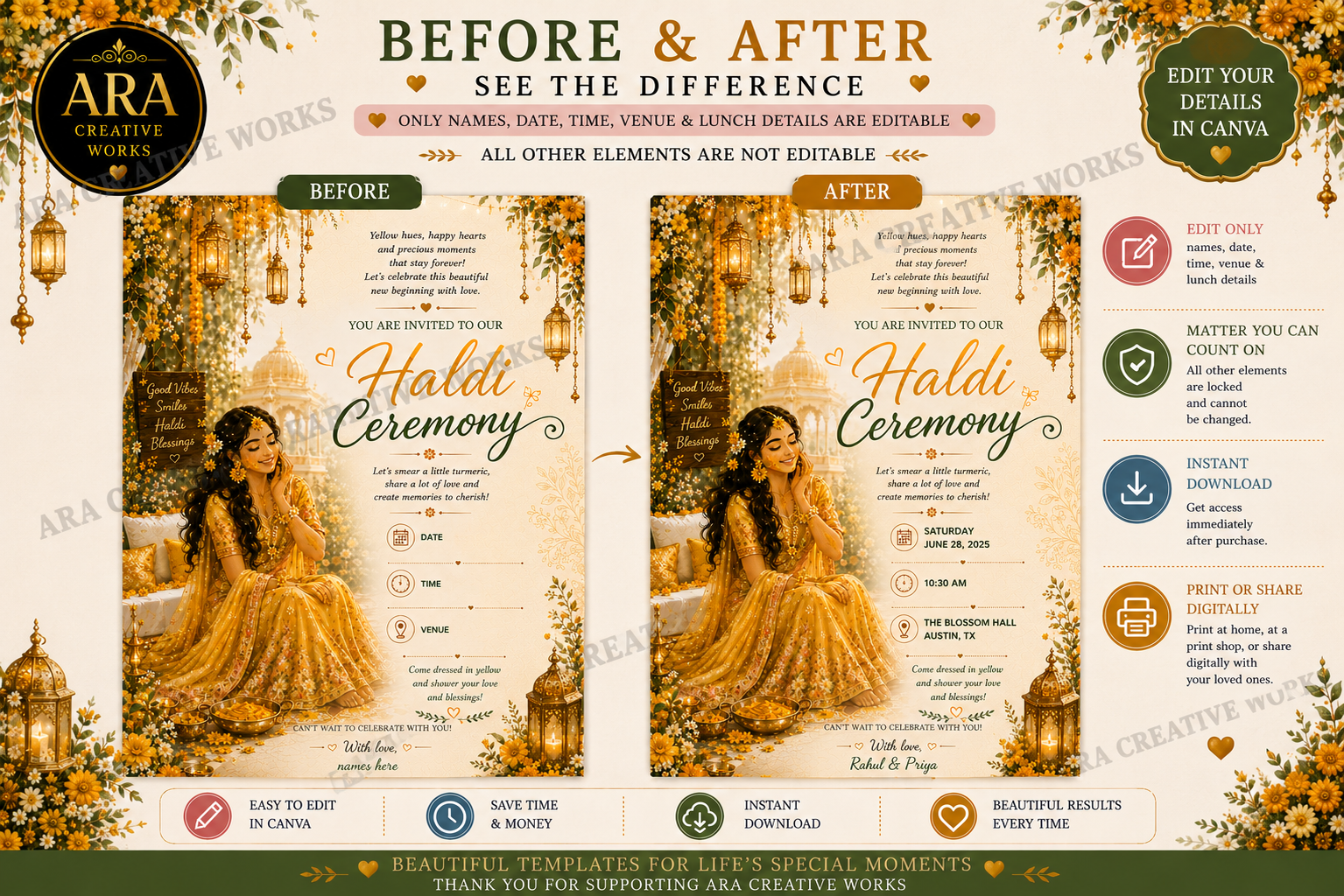 Royal Floral Haldi Ceremony Invitation | Editable Canva Template | Instant Download