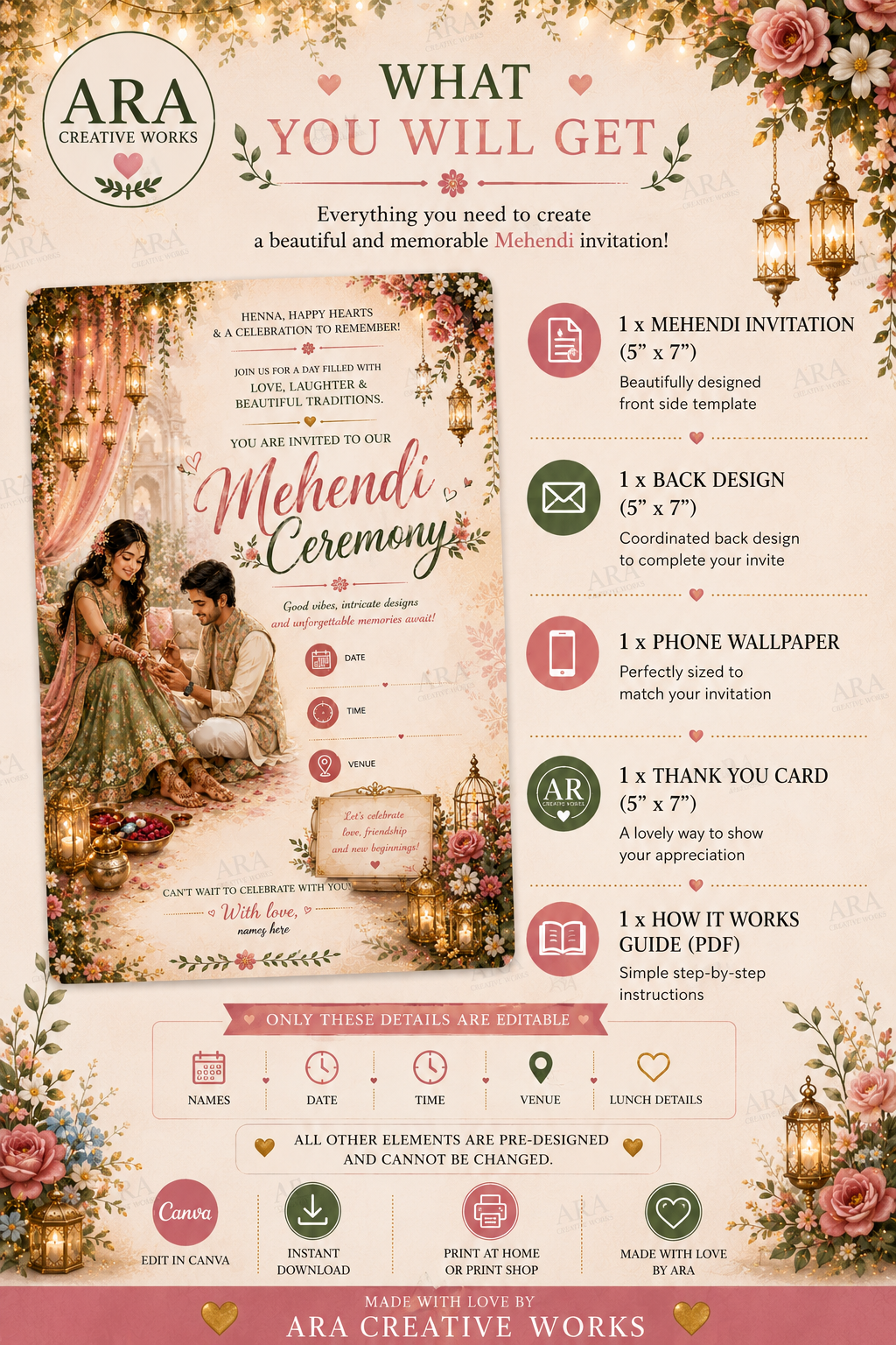 Royal Floral Mehendi Ceremony Invitation | Canva Editable Template | Instant Download