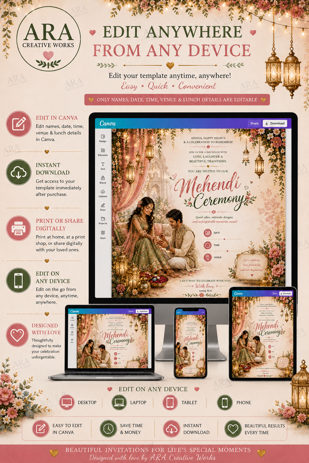 Royal Floral Mehendi Ceremony Invitation | Canva Editable Template | Instant Download