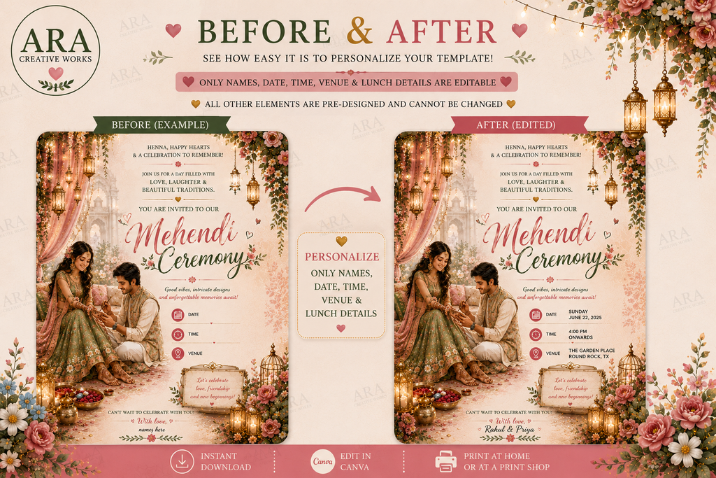 Royal Floral Mehendi Ceremony Invitation | Canva Editable Template | Instant Download