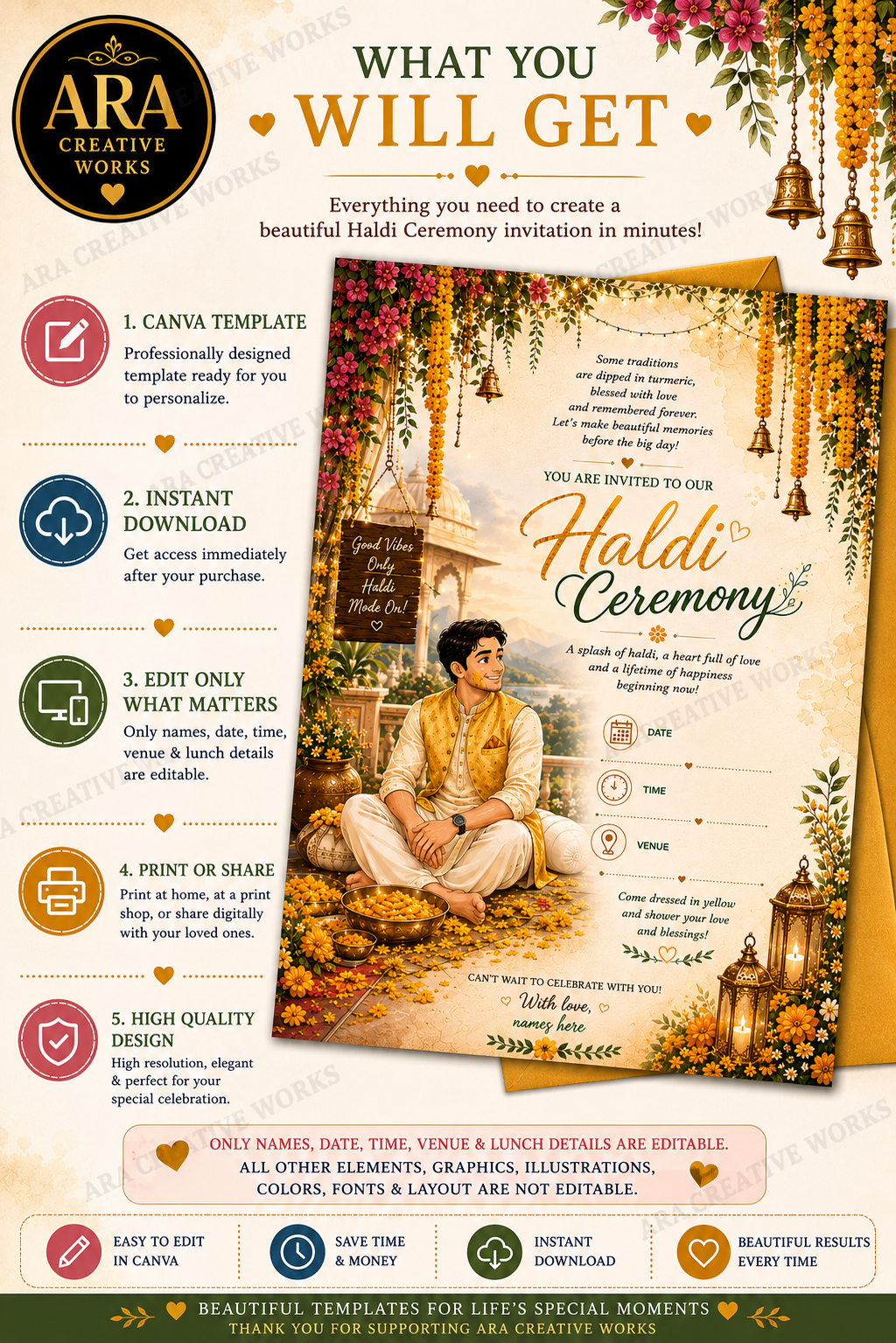 Royal Groom Haldi Ceremony Invitation Template | Editable Canva Invitation | Instant Download