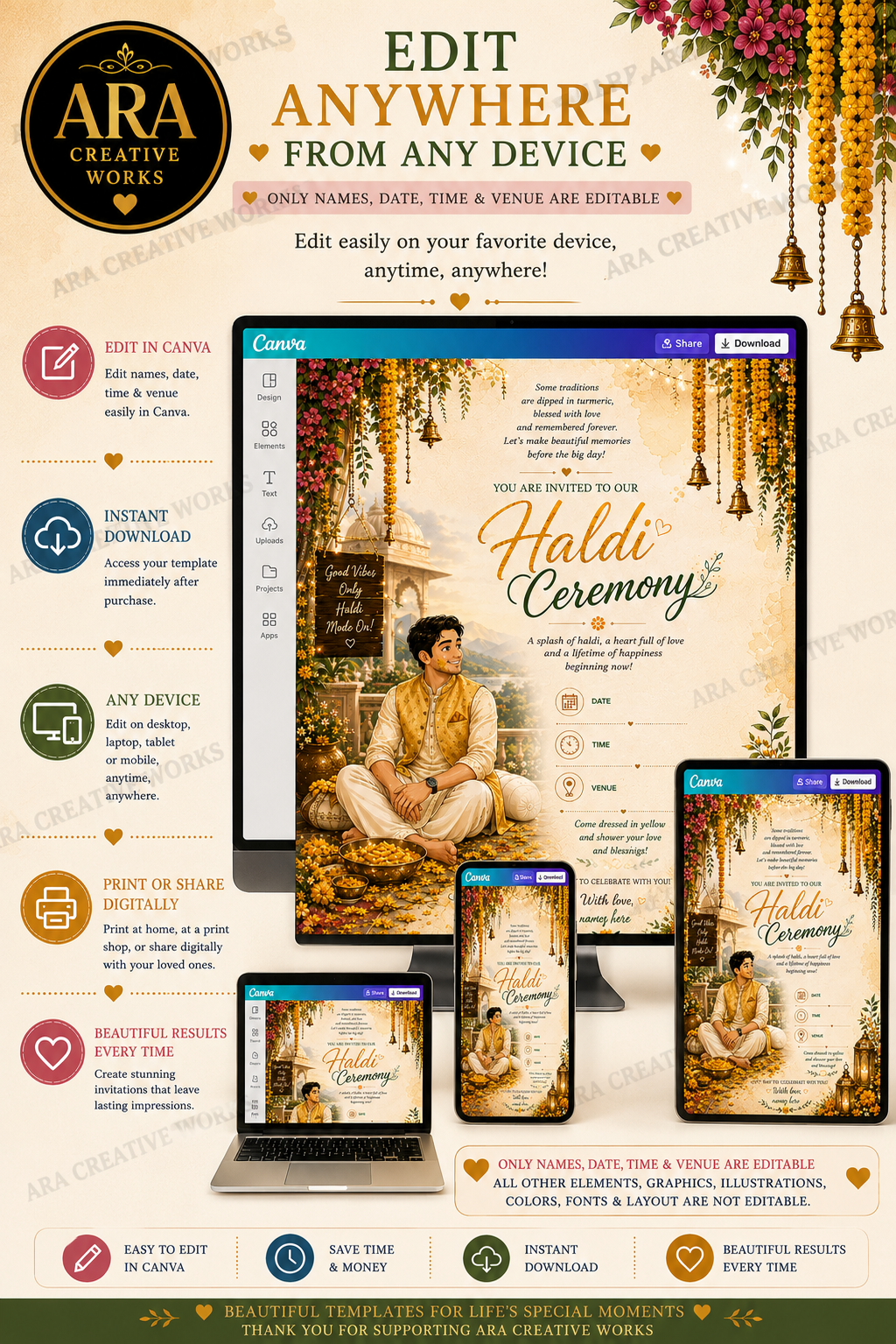 Royal Groom Haldi Ceremony Invitation Template | Editable Canva Invitation | Instant Download
