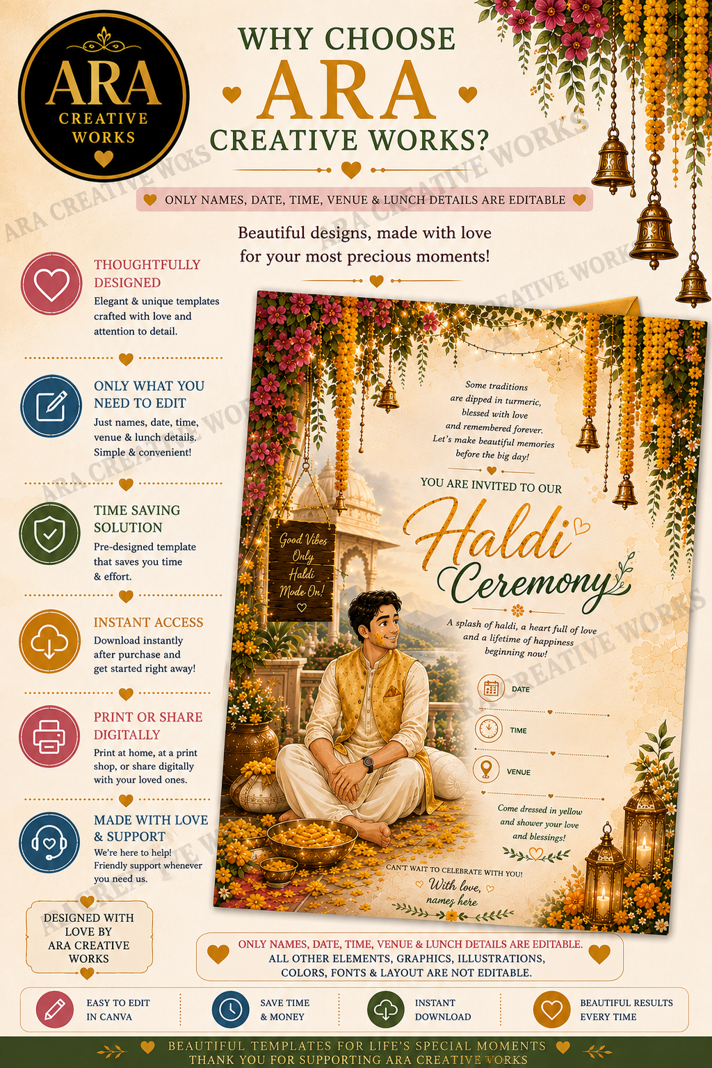 Royal Groom Haldi Ceremony Invitation Template | Editable Canva Invitation | Instant Download