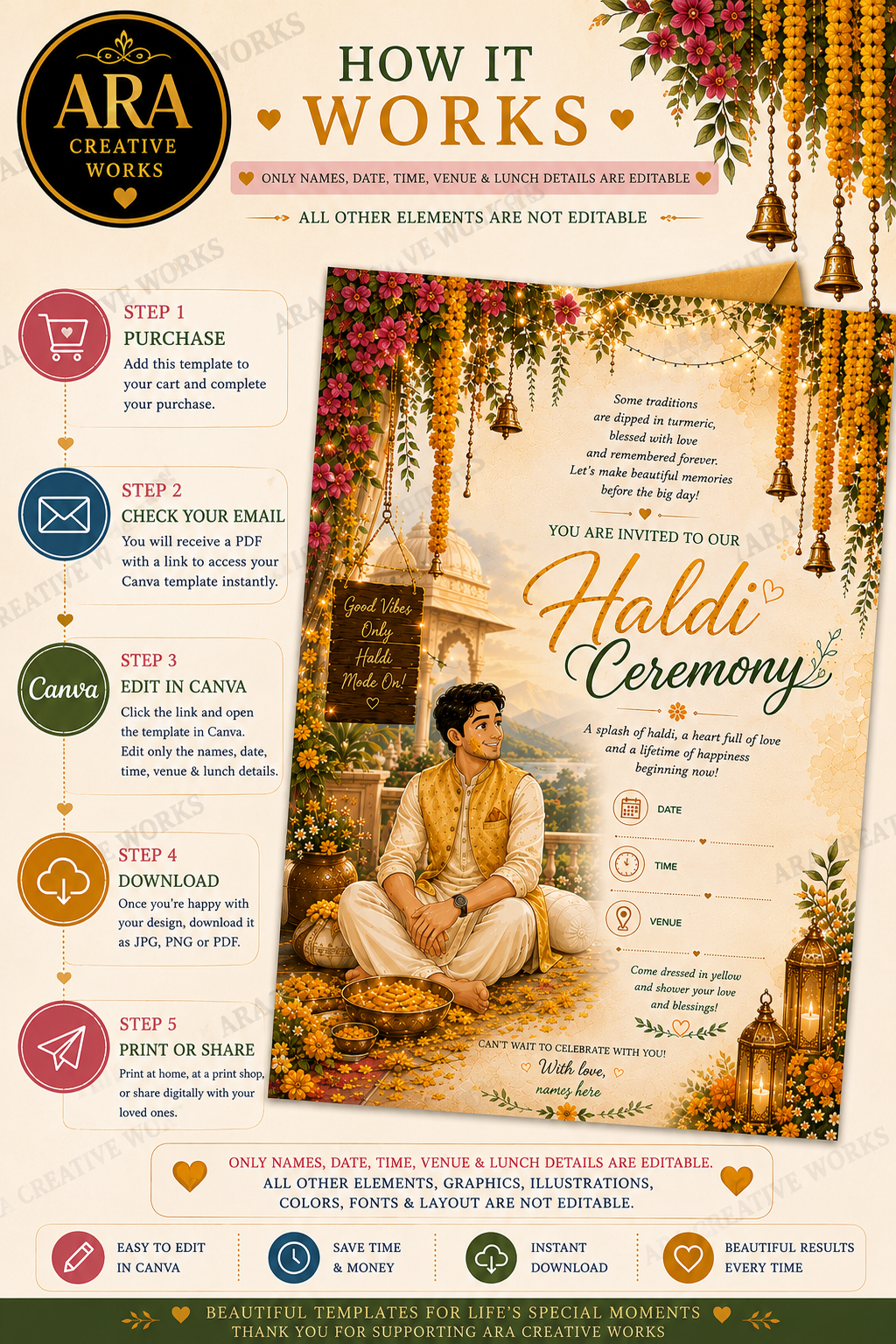 Royal Groom Haldi Ceremony Invitation Template | Editable Canva Invitation | Instant Download