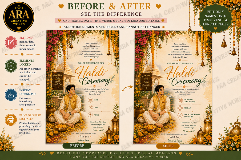 Royal Groom Haldi Ceremony Invitation Template | Editable Canva Invitation | Instant Download