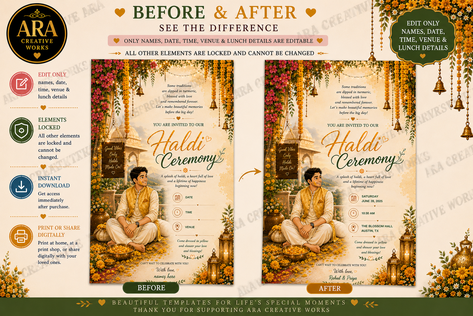 Royal Groom Haldi Ceremony Invitation Template | Editable Canva Invitation | Instant Download