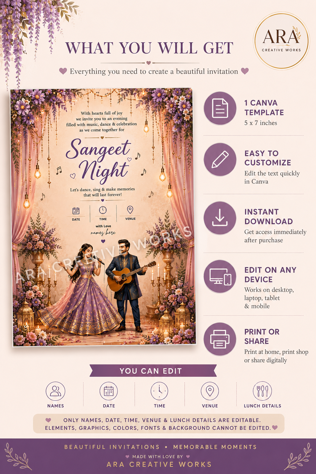 Royal Lavender Sangeet Night Invitation Template | Editable Canva Wedding Invite | Instant Download