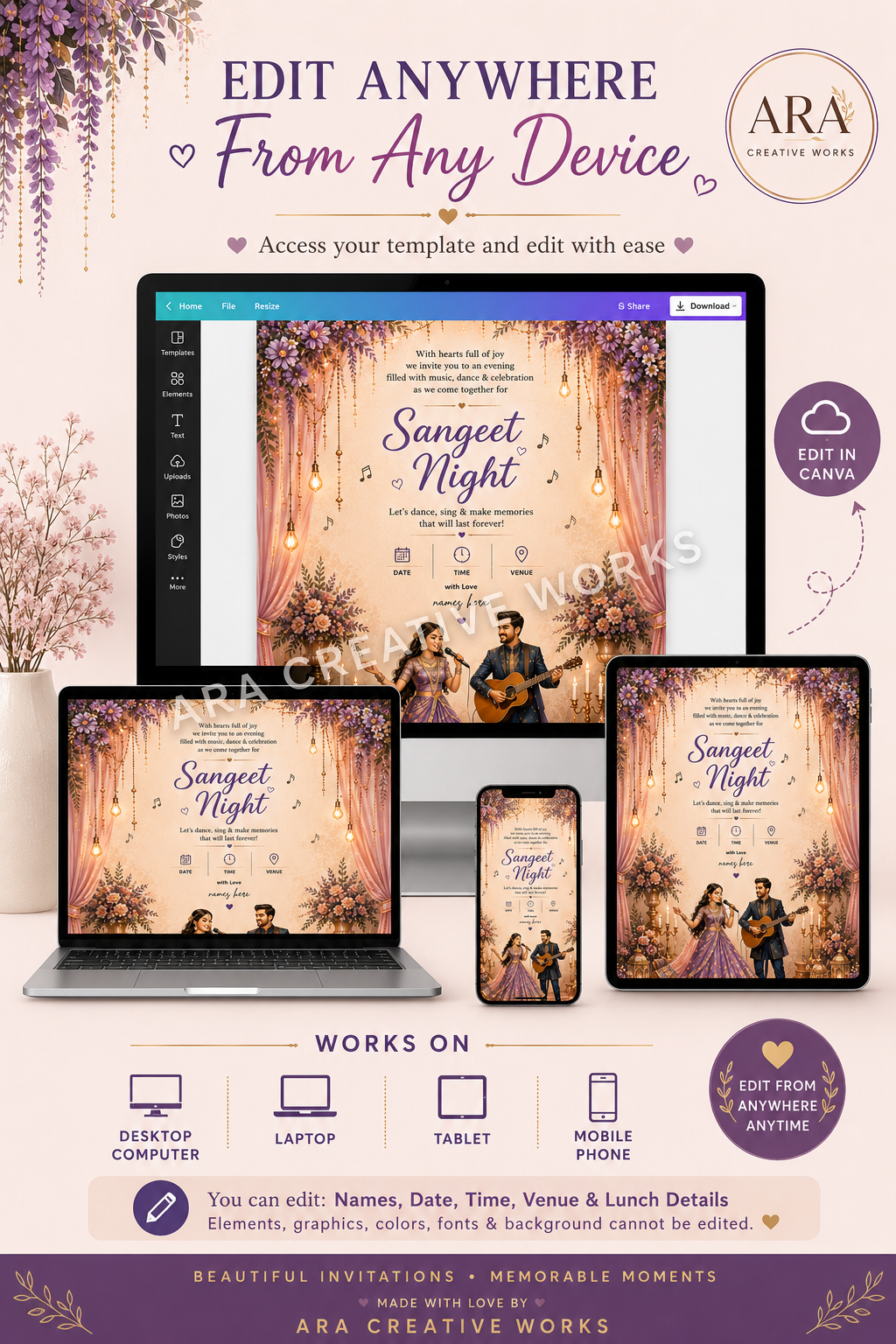 Royal Lavender Sangeet Night Invitation Template | Editable Canva Wedding Invite | Instant Download