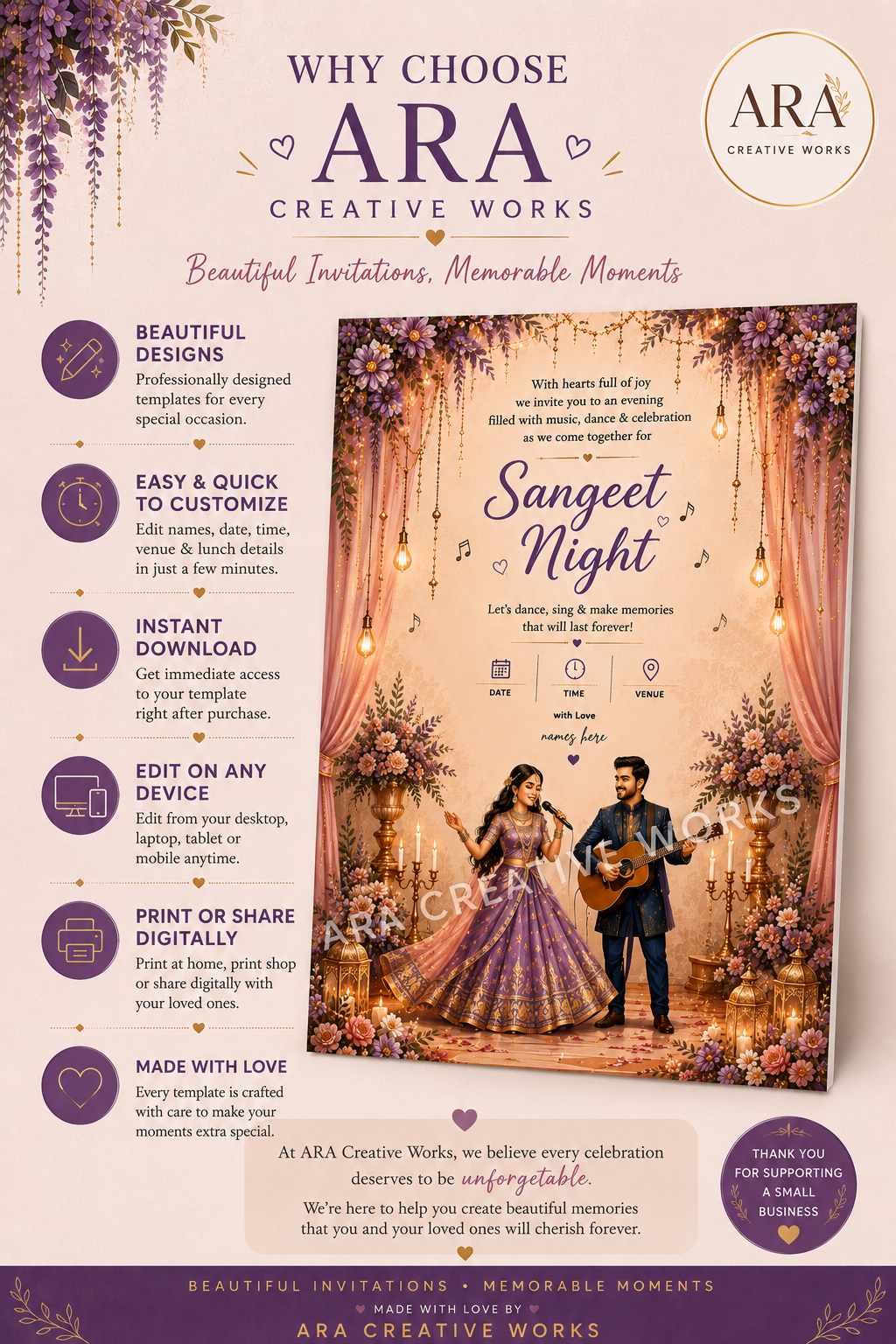 Royal Lavender Sangeet Night Invitation Template | Editable Canva Wedding Invite | Instant Download