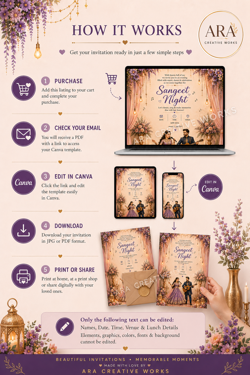 Royal Lavender Sangeet Night Invitation Template | Editable Canva Wedding Invite | Instant Download