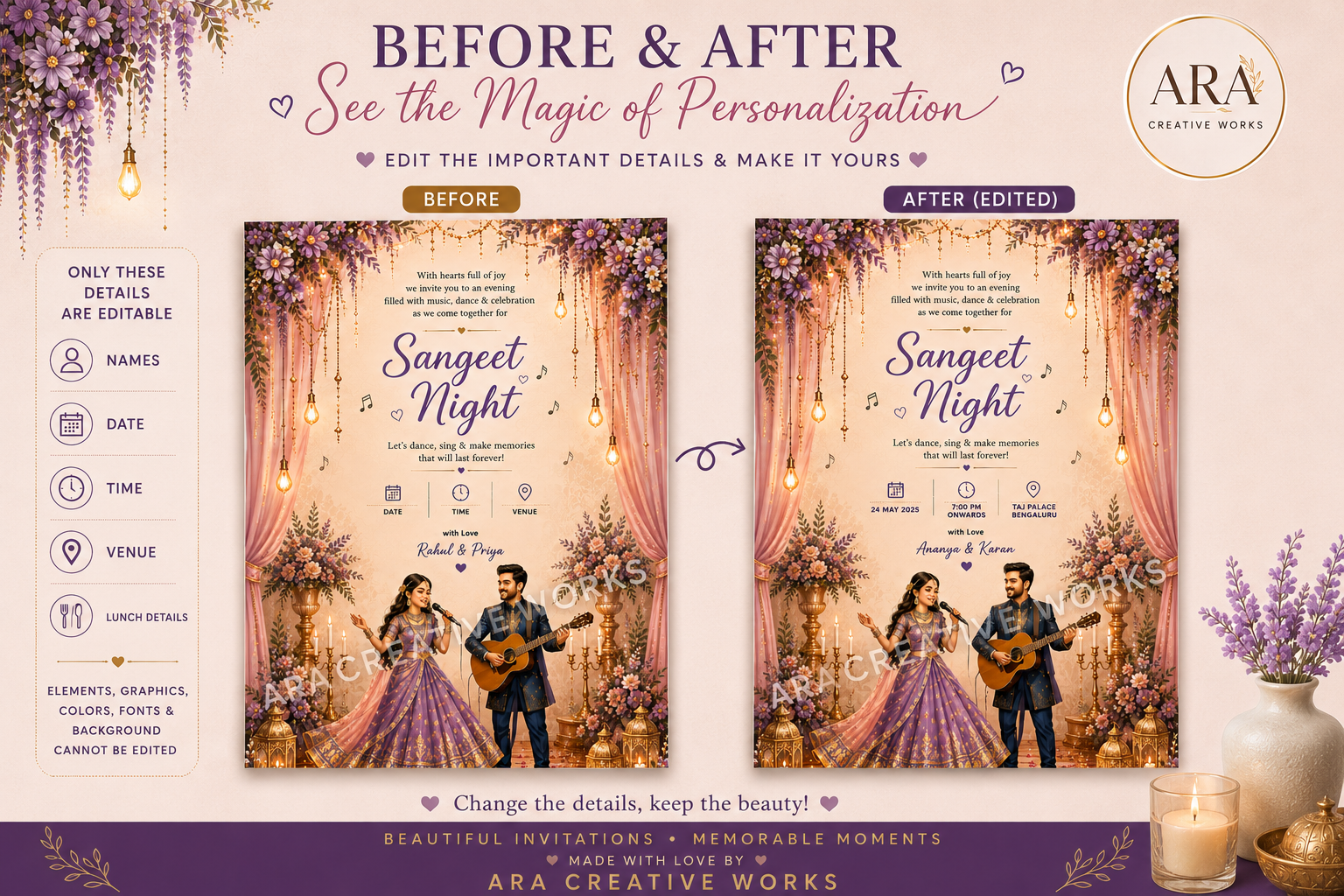 Royal Lavender Sangeet Night Invitation Template | Editable Canva Wedding Invite | Instant Download