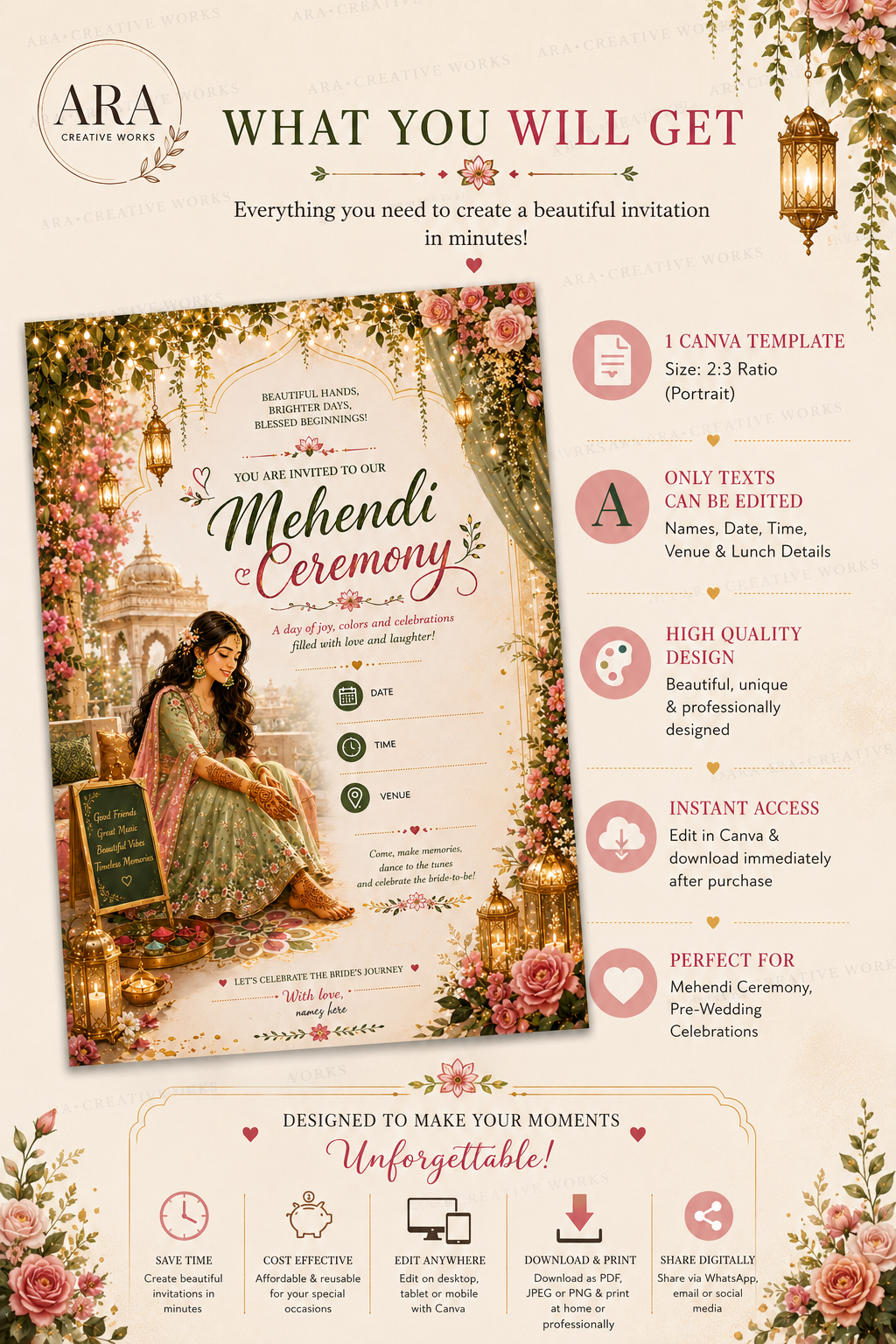 Royal Palace Bridal Mehendi Ceremony Invitation | Canva Editable Template | Instant Download