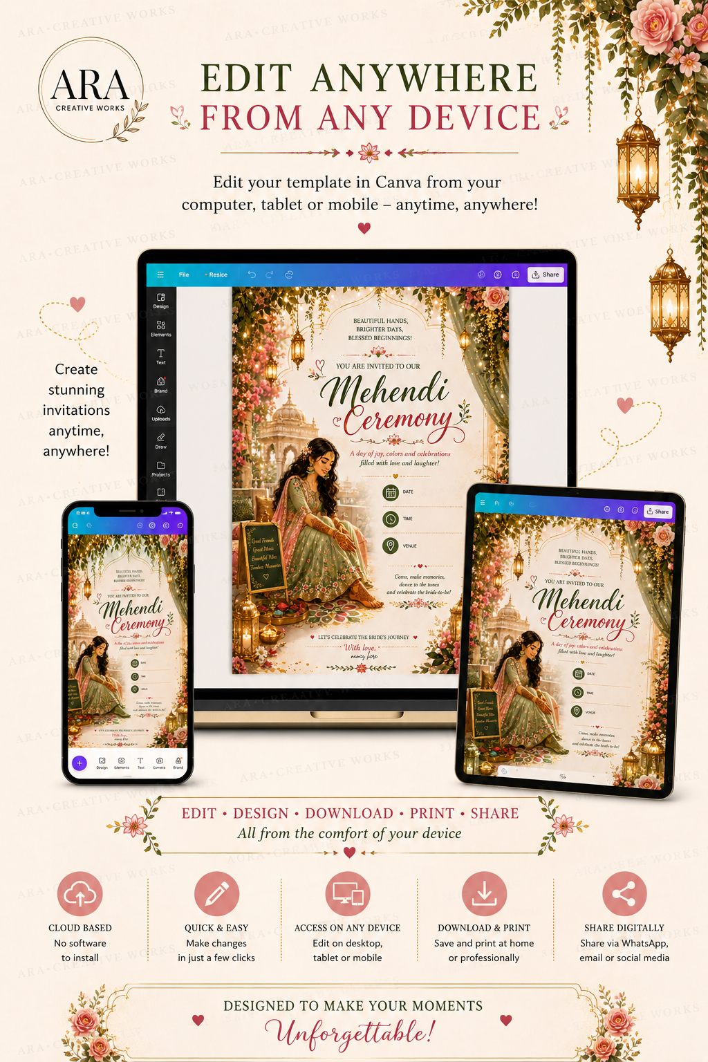 Royal Palace Bridal Mehendi Ceremony Invitation | Canva Editable Template | Instant Download