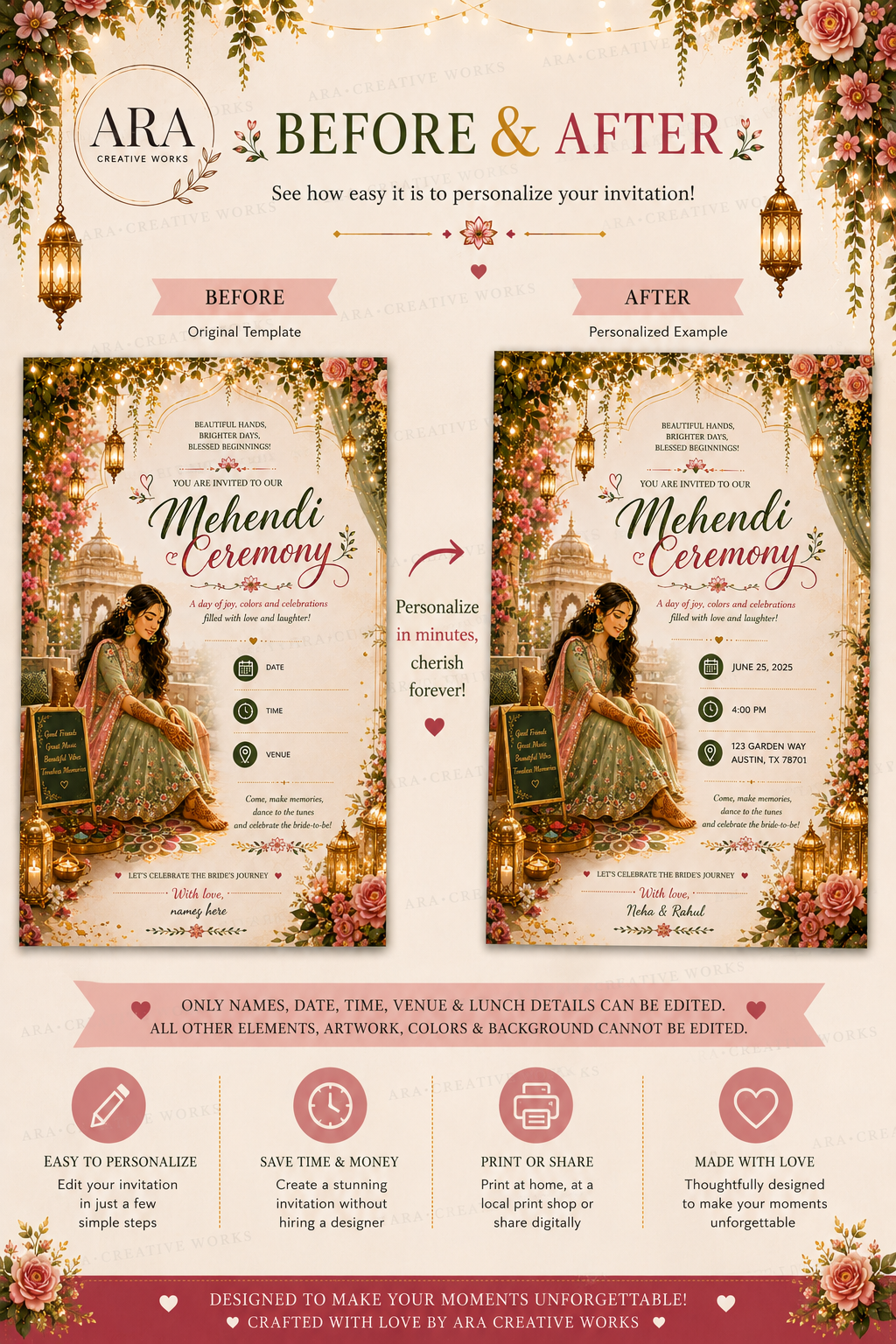Royal Palace Bridal Mehendi Ceremony Invitation | Canva Editable Template | Instant Download