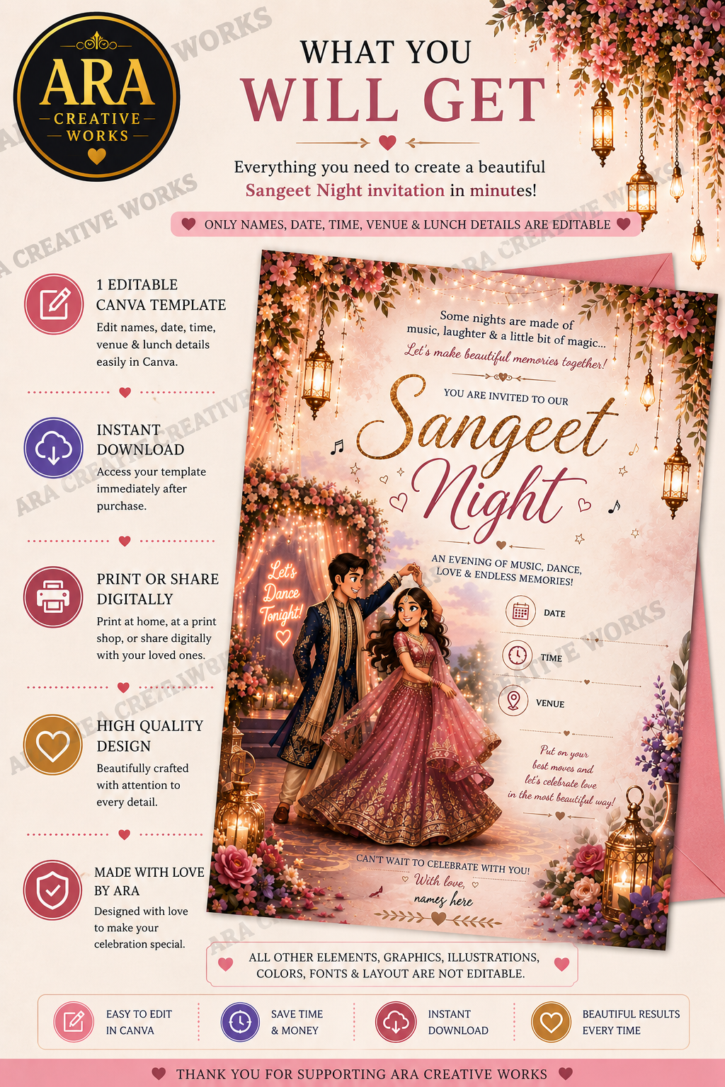 Royal Twilight Sangeet Night Invitation Template | Editable in Canva | Instant Download