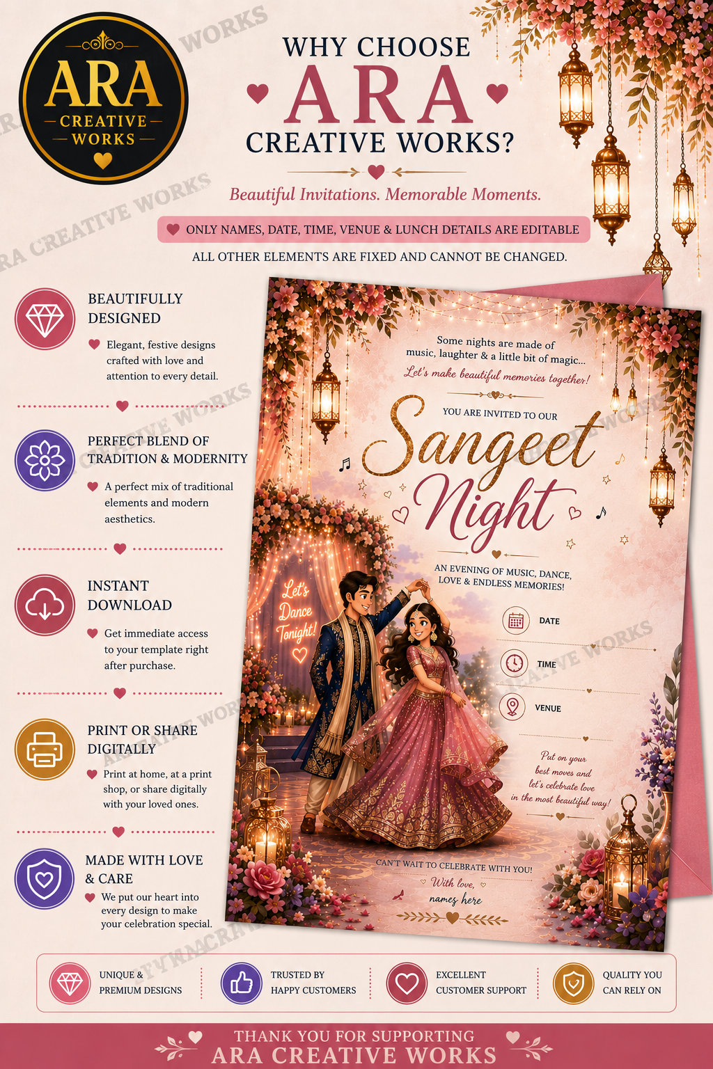 Royal Twilight Sangeet Night Invitation Template | Editable in Canva | Instant Download