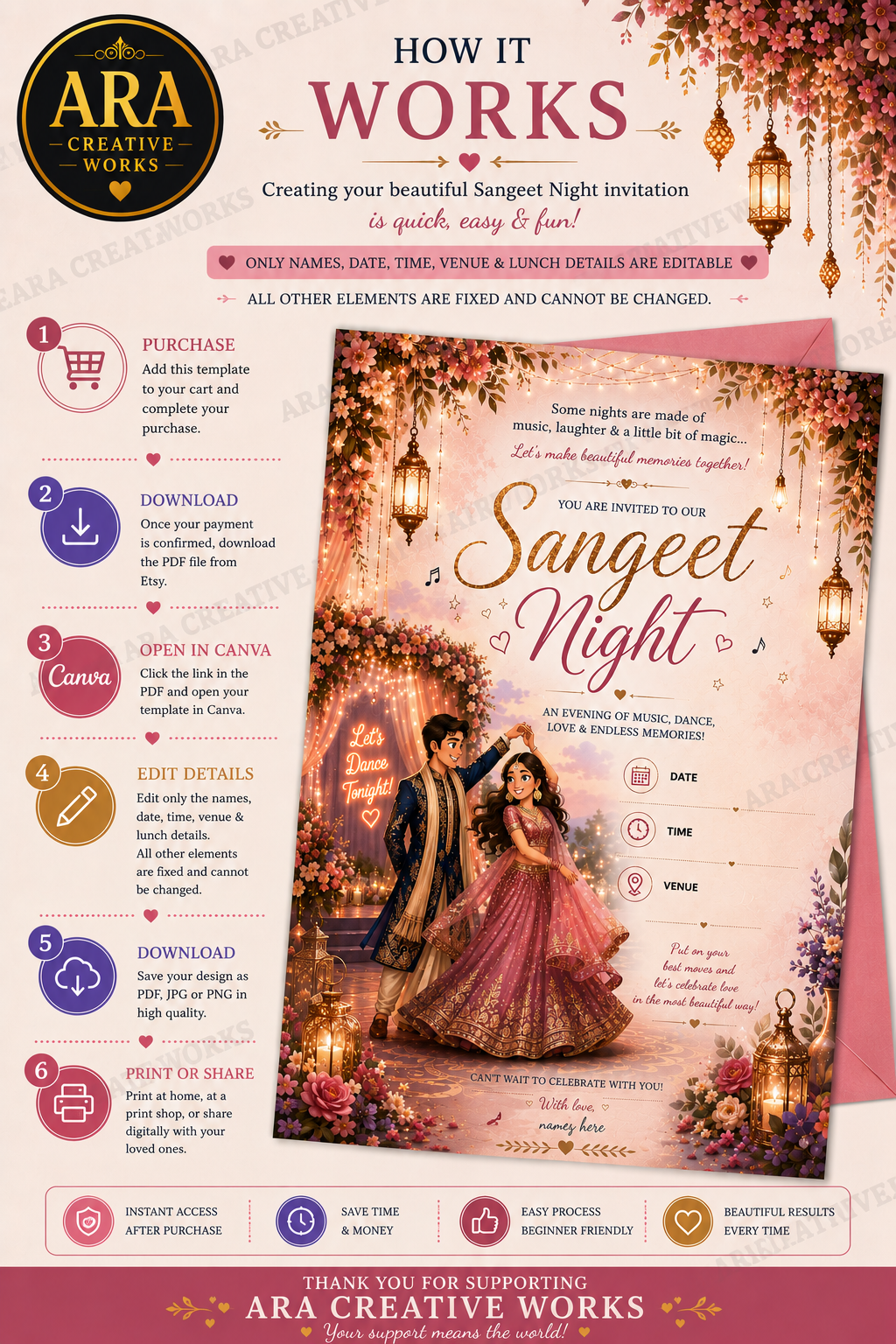 Royal Twilight Sangeet Night Invitation Template | Editable in Canva | Instant Download