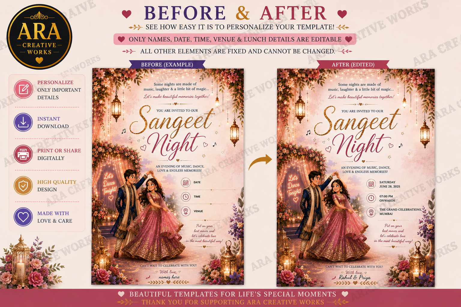 Royal Twilight Sangeet Night Invitation Template | Editable in Canva | Instant Download